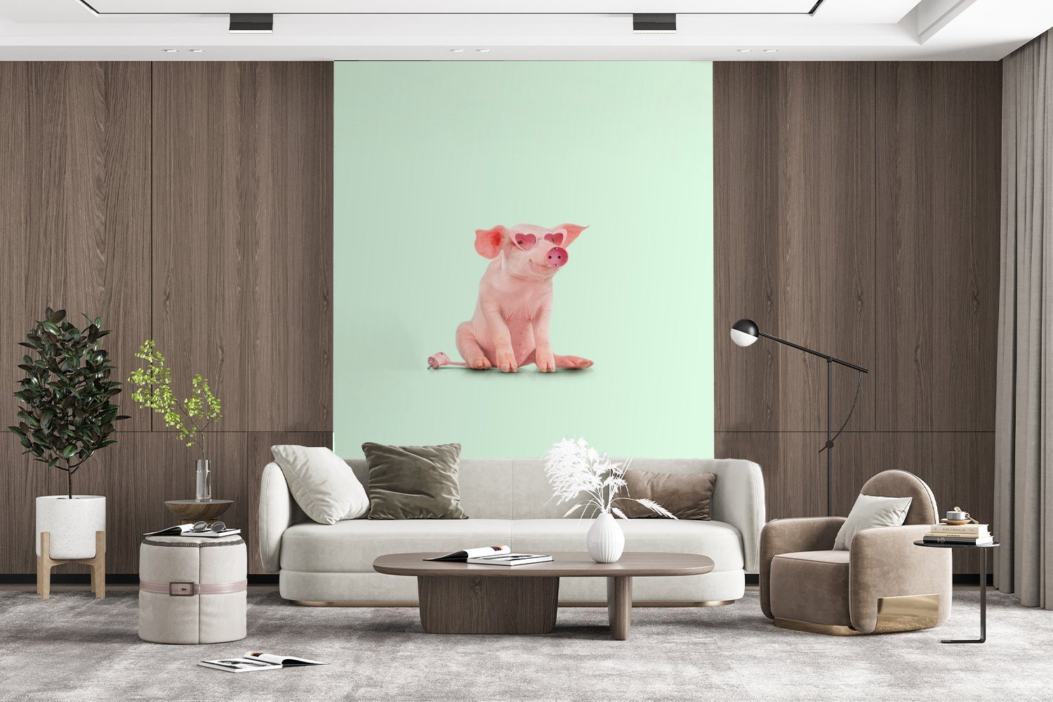 MuchoWow Fototapete Schwein - Rosa Montagefertig für Wohnzimmer, Tapete Brille - bedruckt, Matt, Vinyl St), - (4 Wandtapete - Sockel Tiere