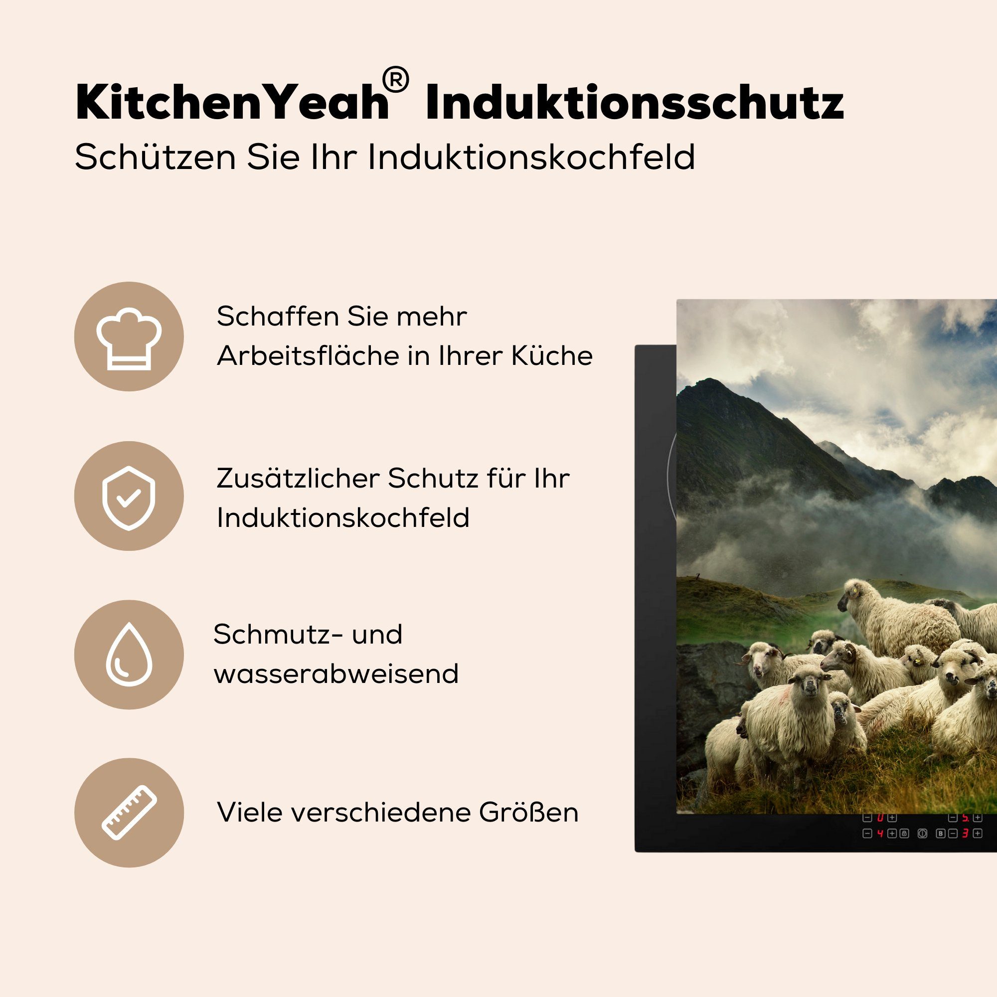 Vinyl, Arbeitsplatte Schafe - MuchoWow cm, für Gras Ceranfeldabdeckung, Berg, - tlg), küche (1 Herdblende-/Abdeckplatte 78x78