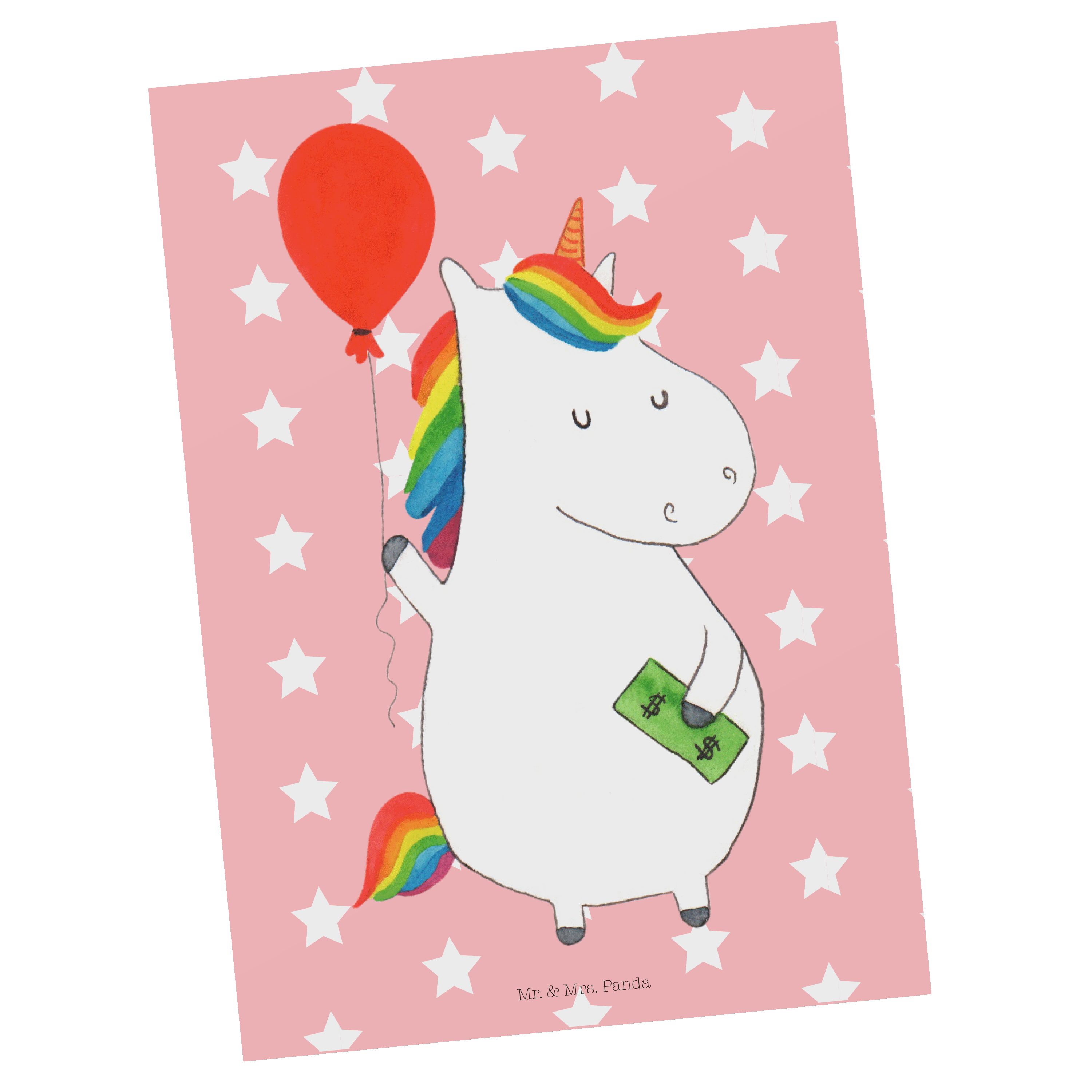 Mr. & Mrs. Panda Postkarte Einhorn Luftballon - Rot Pastell - Geschenk, Freude, Einladungskarte