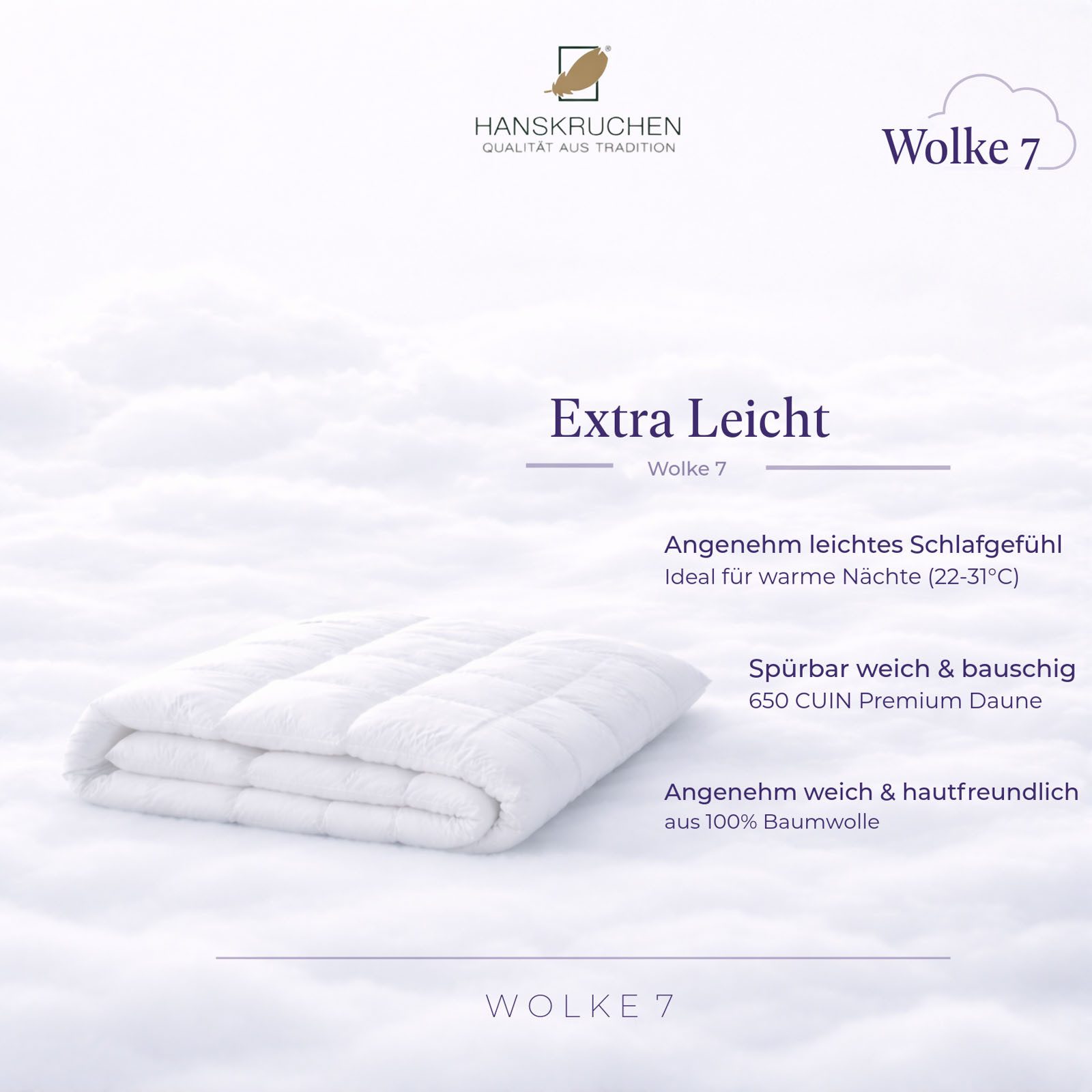 HANSKRUCHEN Daunenbettdecke Hanskruchen Daunendecke Wolke 7 Extra Leicht 135 x 200 cm, Bezug: 100% Baumwolle