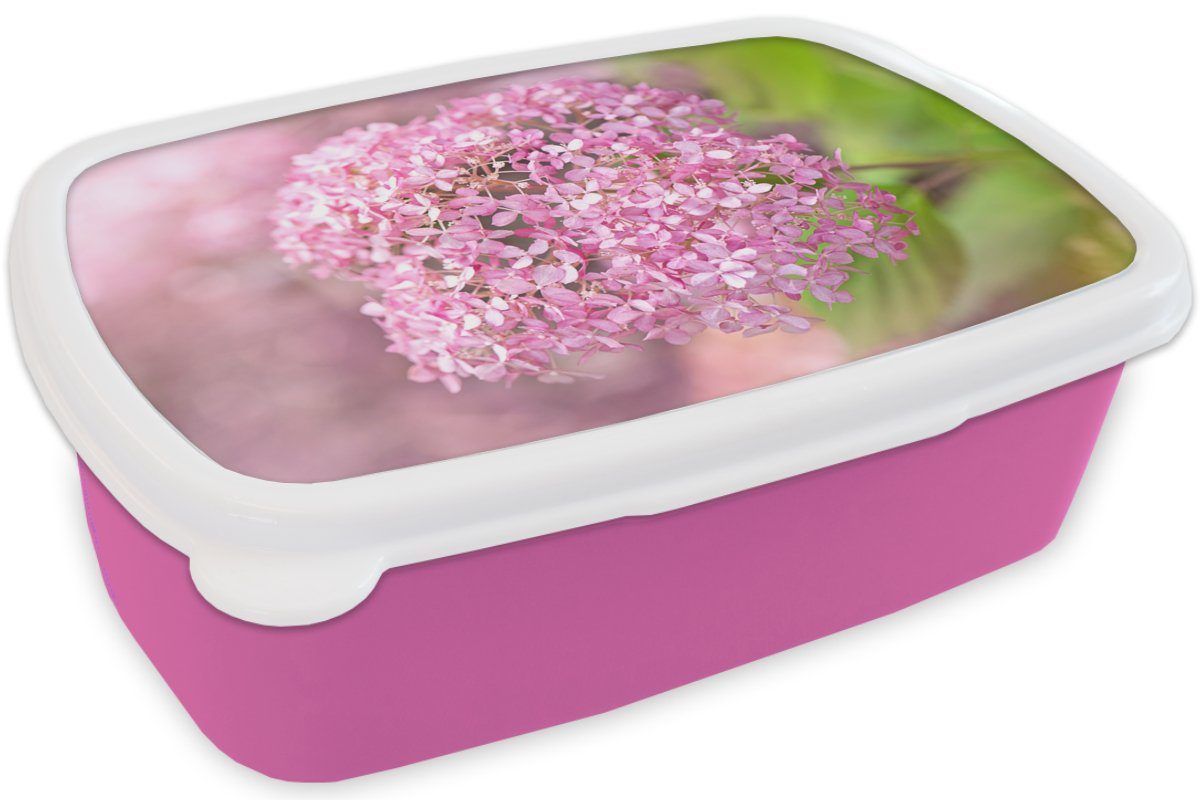 Kinder, Erwachsene, Brotbox (2-tlg), Kunststoff, rosa Lunchbox für Mädchen, MuchoWow Brotdose Hortensie, Snackbox, einer Nahaufnahme Kunststoff