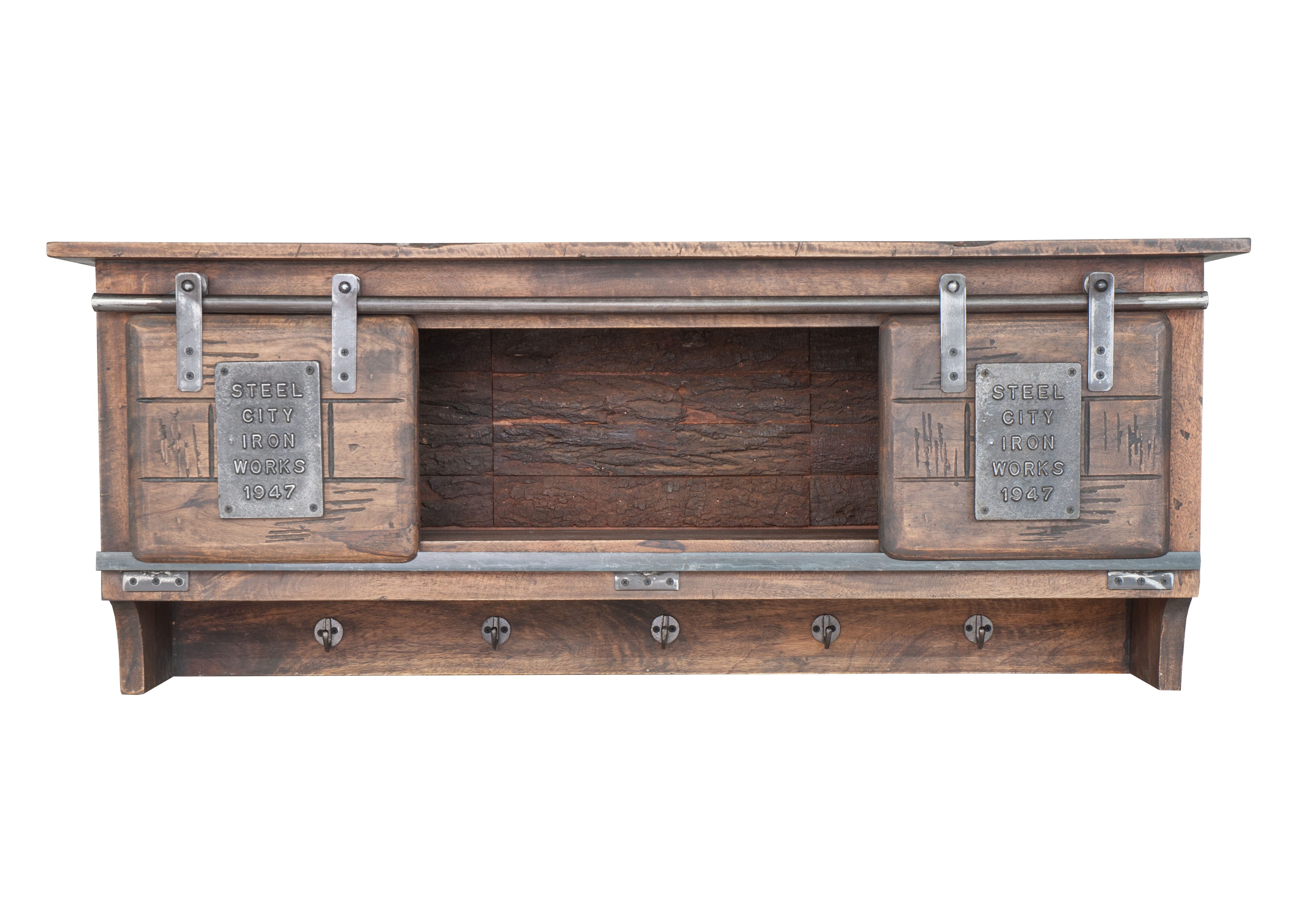 Woodroom Garderobenschrank Pali (Mango massiv gewachst dunkelbraun lackiert 115x45x30 cm, 2 Rolltüren, inkl. Beleuchtung) Garderobe, Wandgarderobe, Garderobenpaneel, Kleiderhaken
