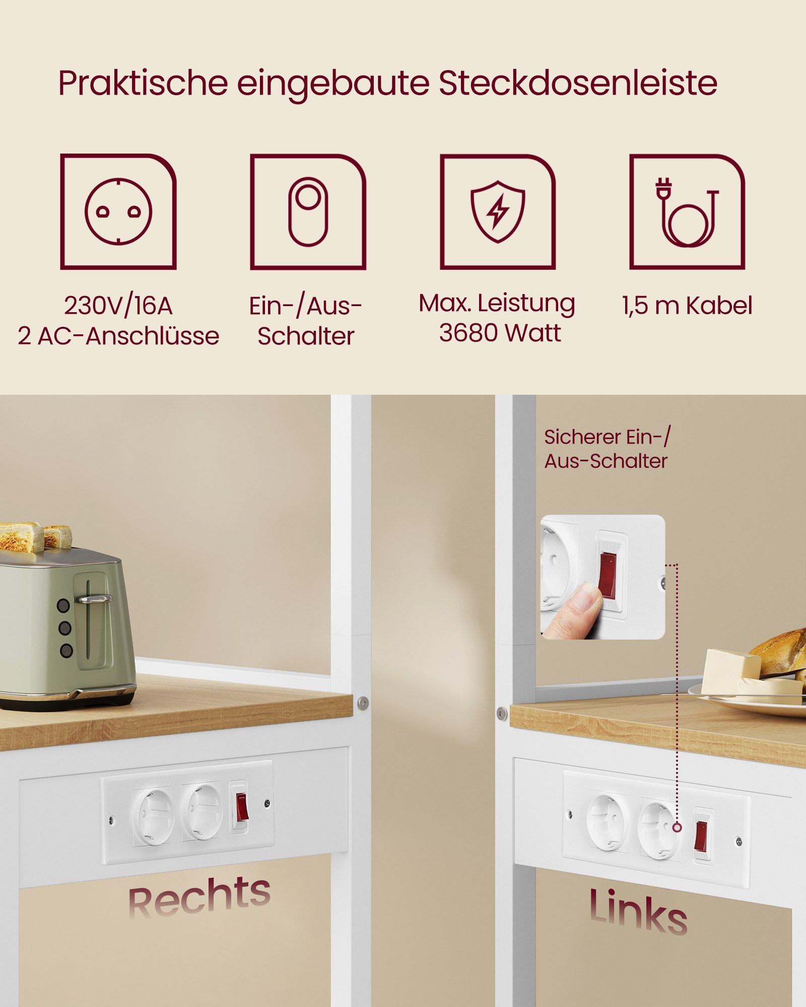 VASAGLE Küchenregal, Standregal mit Steckdosen, Standregal 4 Ebenen, verstellbare Ablage