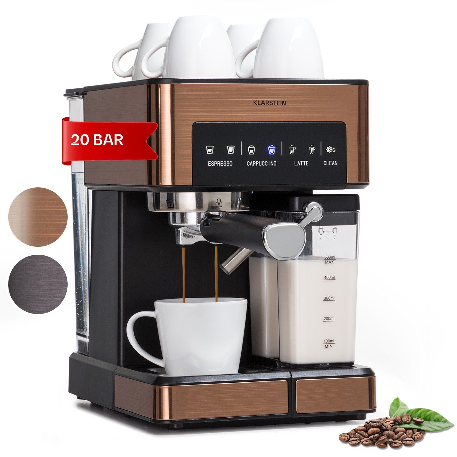 Klarstein Filterkaffeemaschine Arabica Comfort Siebträgermaschine 1350 W 20 Bar 1,8 L Touch, 1.8l Kaffeekanne, Kaffeebereiter Siebträger mit Milchschäumer & 20 bar
