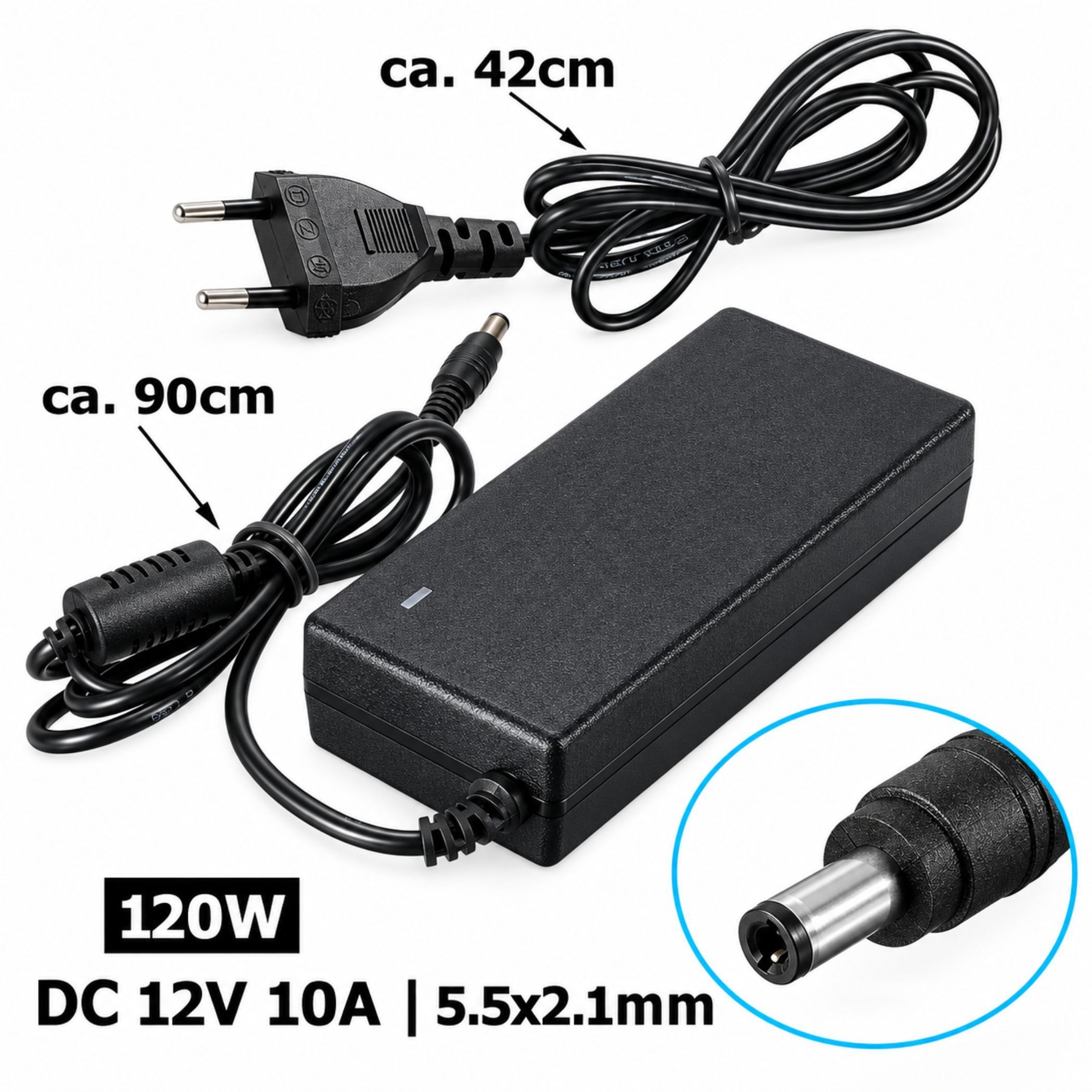 Bolwins A36C Netzteil 230V auf 12V DC 10A – max. 120W, DC 5,5 x 2,1 mm Universal-Ladegerät (12000 mA, Packung, 1-tlg., Ladegerät mit Kabel, Geeignet für alle Geräte unter 120 W (12V / 10A)
