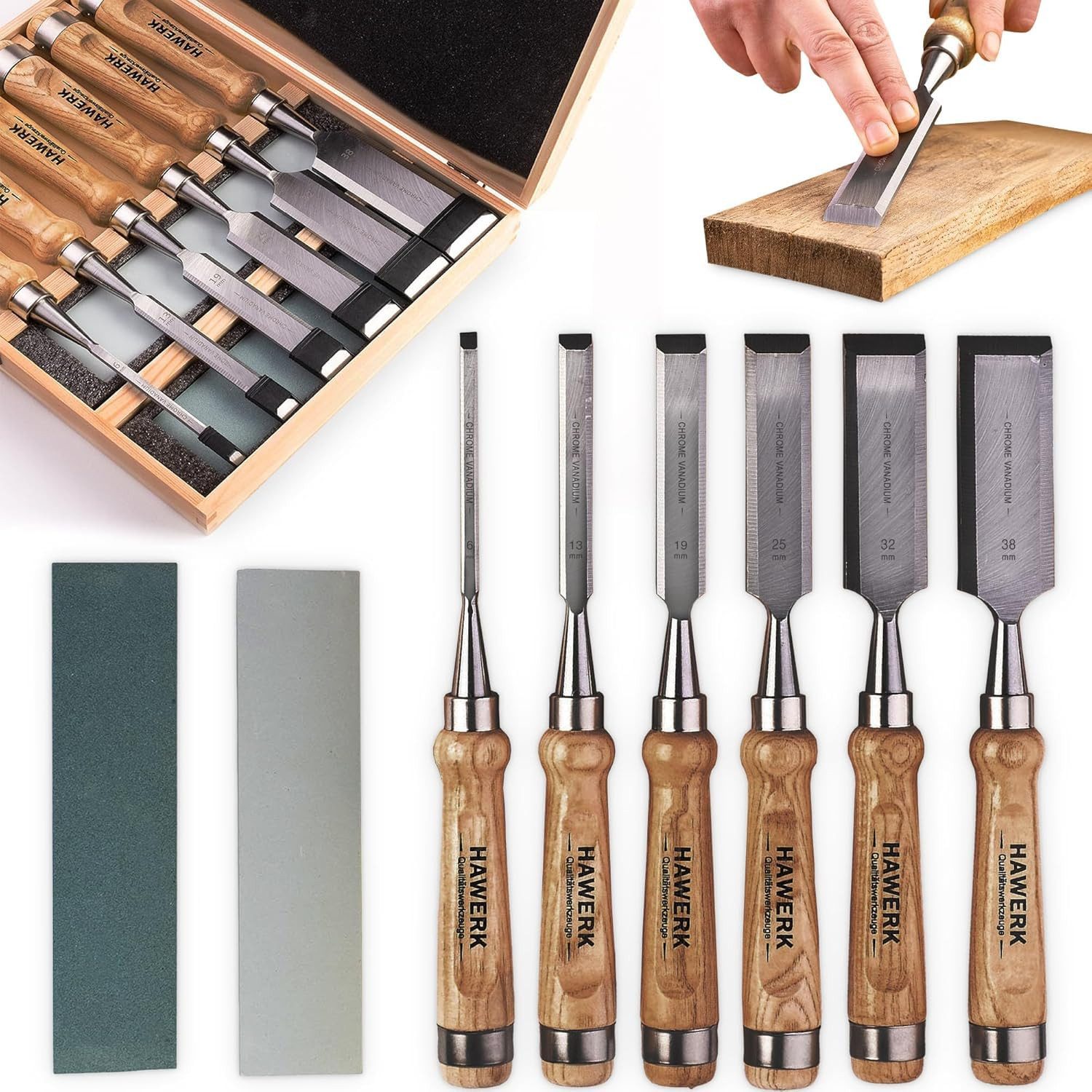 Hawerk Flachmeißel Hawerk Stechbeitel Set 6-teilig mit 2 Abziehsteinen und Koffer, 31,00 in mm, (8-tlg)