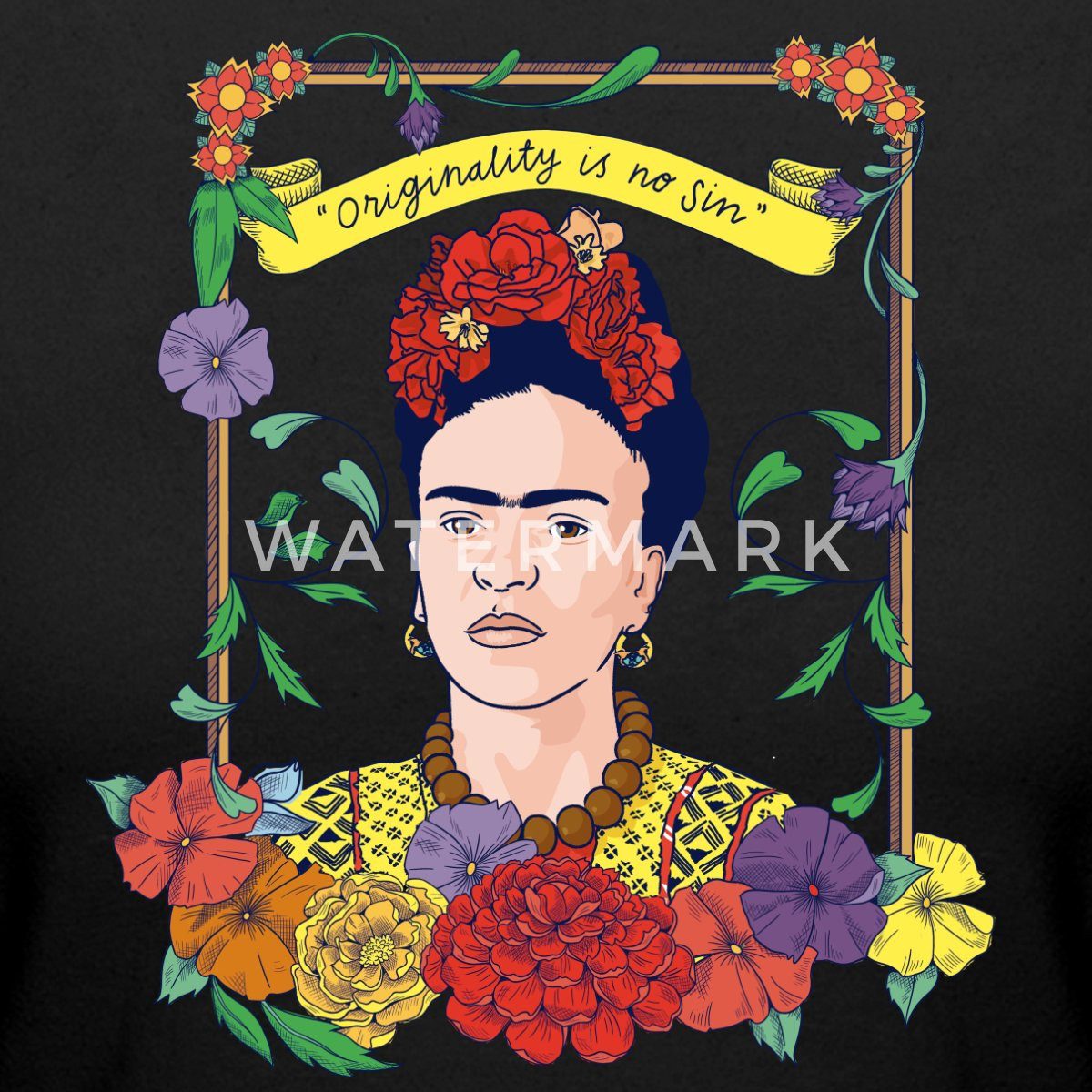 Spreadshirt T-Shirt Frida Kahlo Mit Rahmen Aus Bunten Blumen Crop Top (1-tlg)