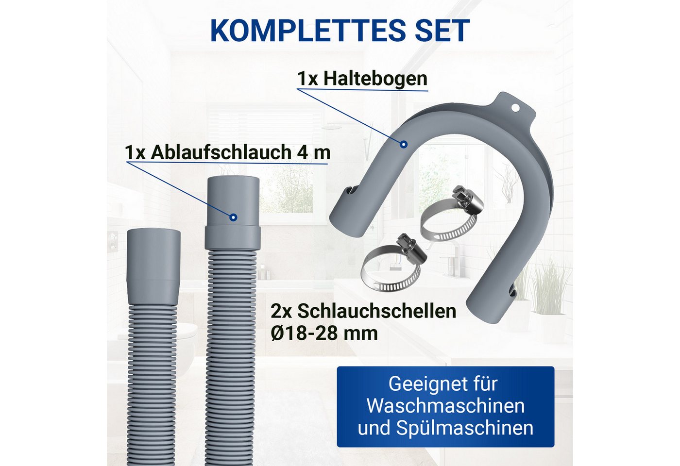 Thumbnail - VIOKS Ablaufschlauch Set Schlauch 4m 19/22mm 2x Schellen, 1x Haltebogen, für Waschmaschinen und Spülmaschinen