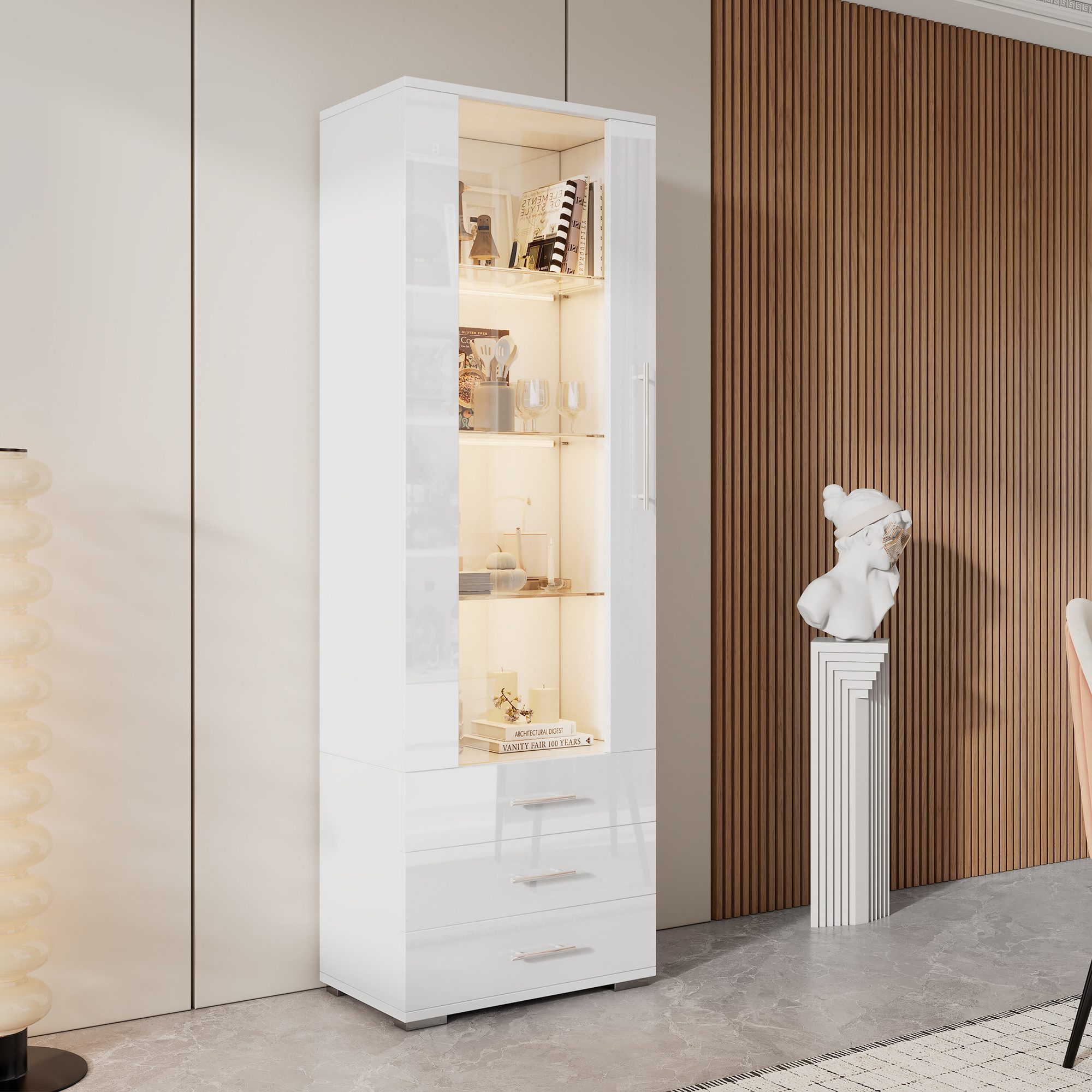 HAUSS SPOLE Vitrine Hochglanzvitrine, Glasvitrine mit LED-Beleuchtung, 3 Schubladen, Weiß (Hochschrank, Highboard, Standvitrine , 1-St., mit LED-Beleuchtung) 3 Schubladen, 1 Glastür