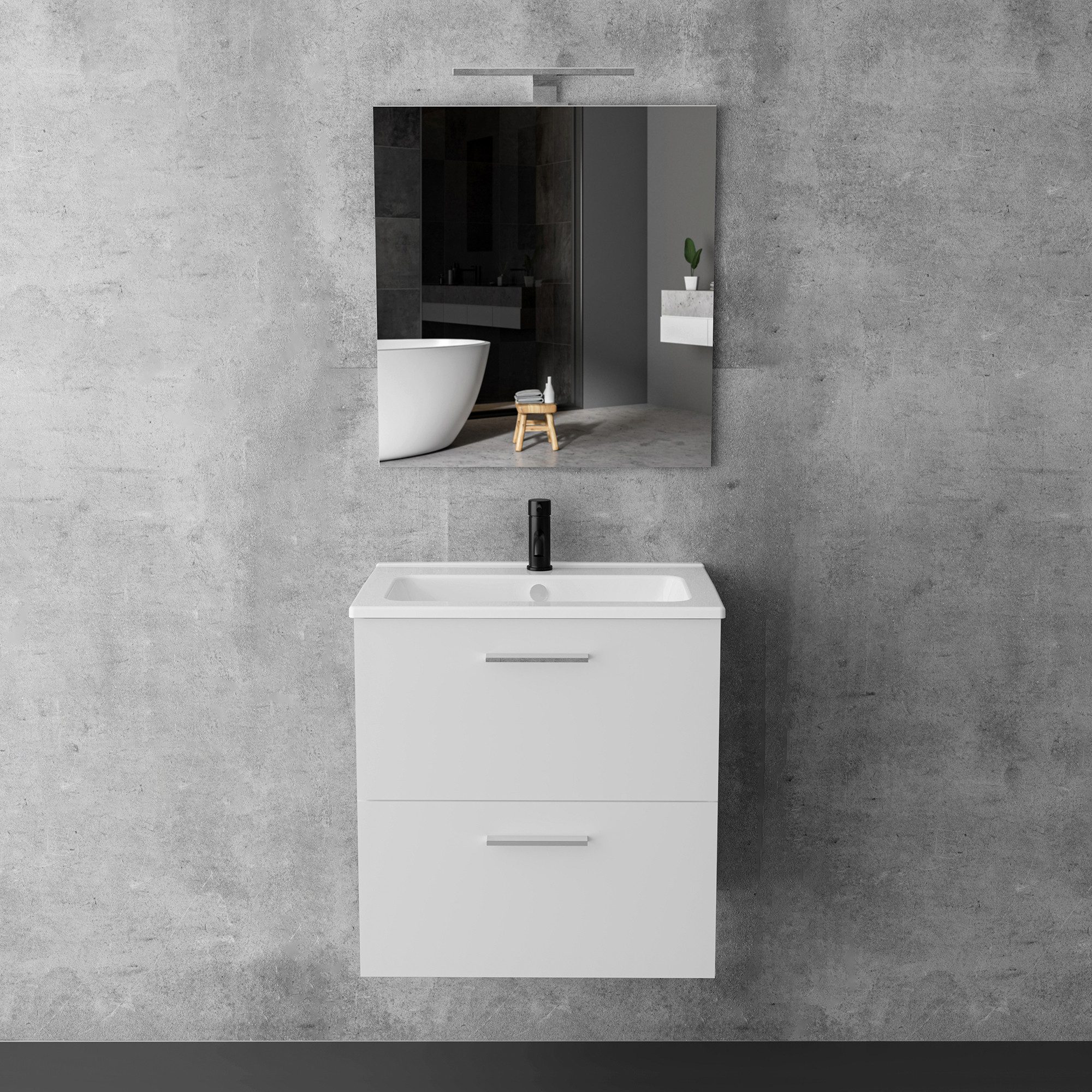 Vitra Badmöbel-Set mit Waschbecken und LED Badspiegel – Waschtisch mit Unterschrank, (Waschbecken mit Unterschrank 60 cm Breit, Waschbeckenunterschrank Weiss), Badezimmerschrank mit Spiegel mit Beleuchtung