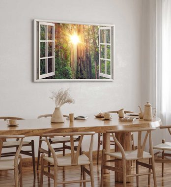 Sinus Art Leinwandbild Wandbild 120x80cm Fensterbild Urwald Wald Sonnenstrahl warmes Licht Bä, (1 St)