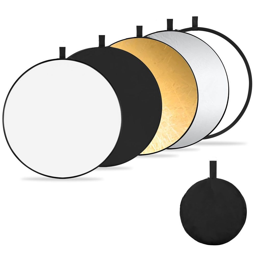 TUWENA Falthintergrund 5-in-1 Reflektor Fotografie, Faltreflektor Multi Disc mit Tasch (60cm), Durchscheinend, Silber, Gold, Weiß und Schwarz Runde Reflektoren