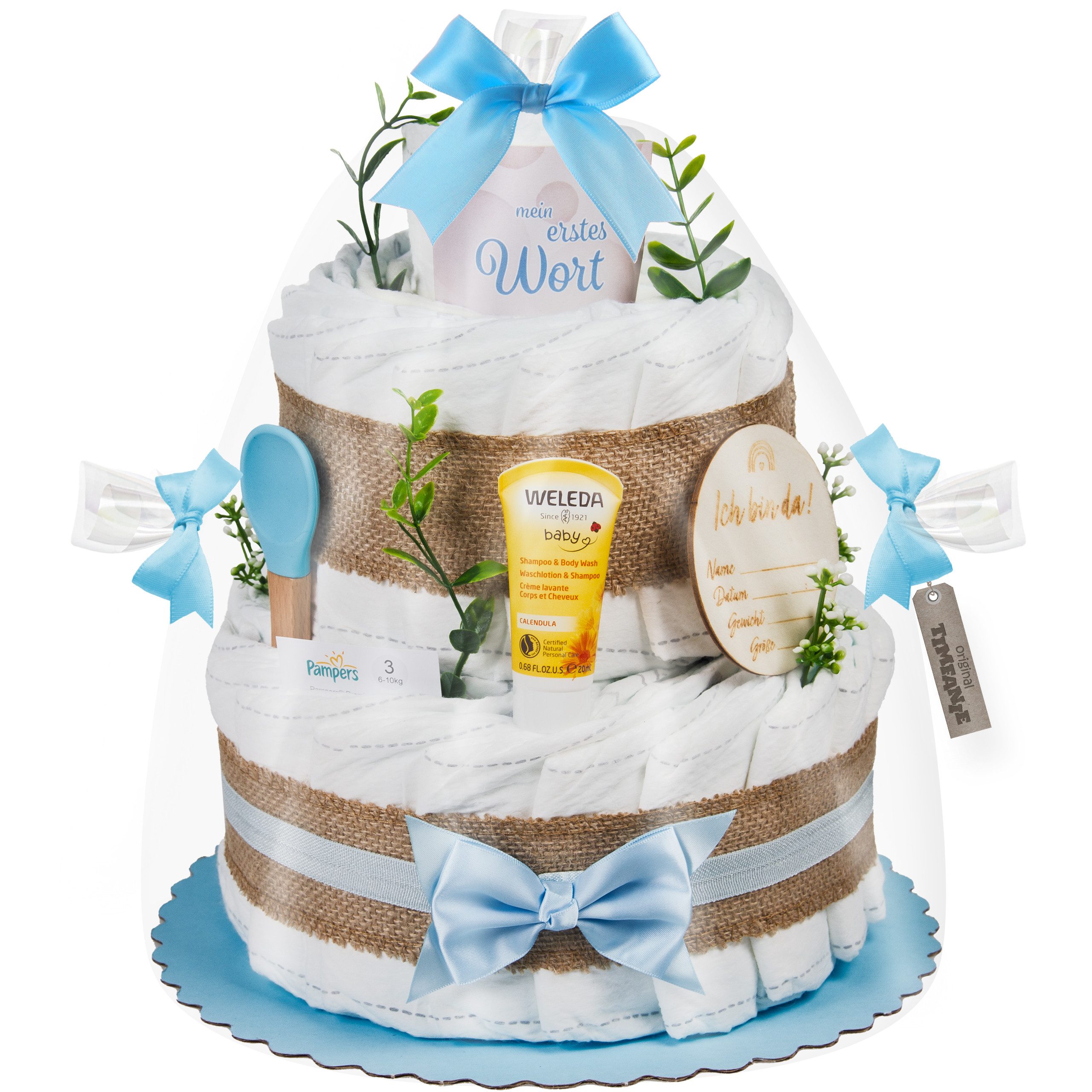 Timfanie Windeln Windeltorte, Boho Baby-Cake, blau, 0-8 Monate (Handgefertigtes Geschenk - In Folie gehüllt, mit Schleifen verziert, 37-St., 20 Pampers Premium, 1 Marken-Kuscheltie, wertige Accessoires), Das Perfekte Geschenk zur Geburt oder Babyparty.