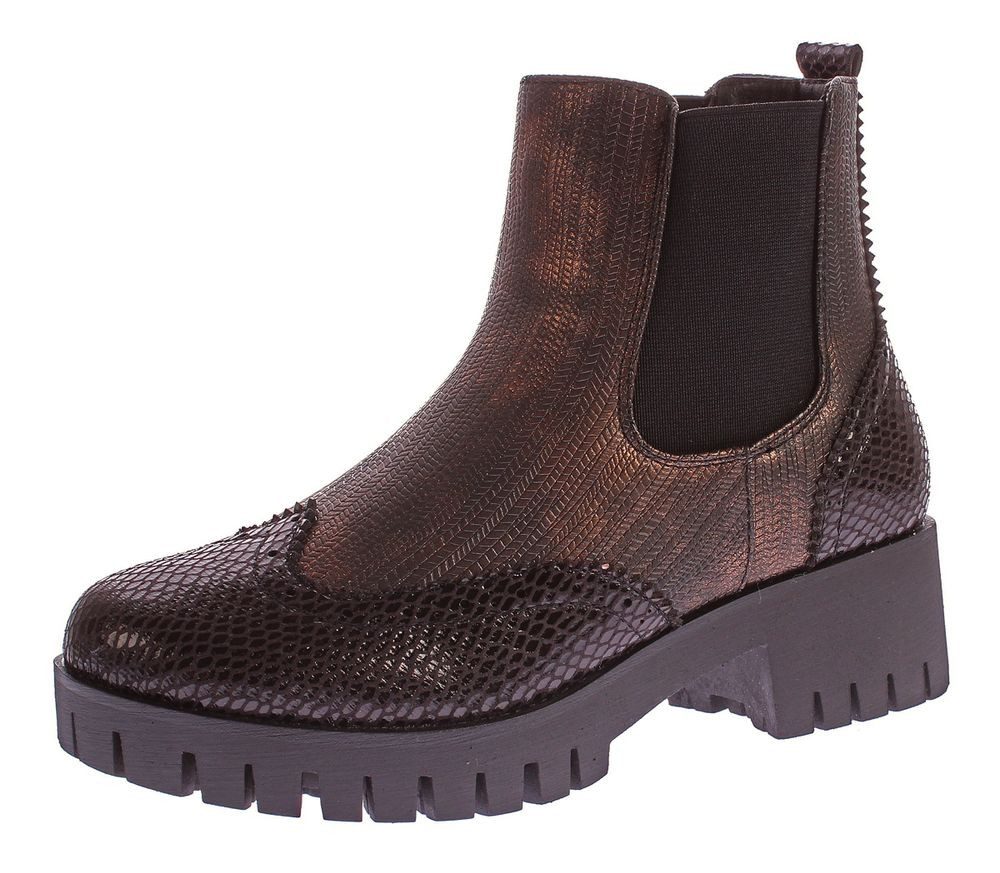 Scandi Stiefeletten Block Absatz Boots Knöchel Schuhe Stiefelette Metallic-Effekt, Reptil-Print