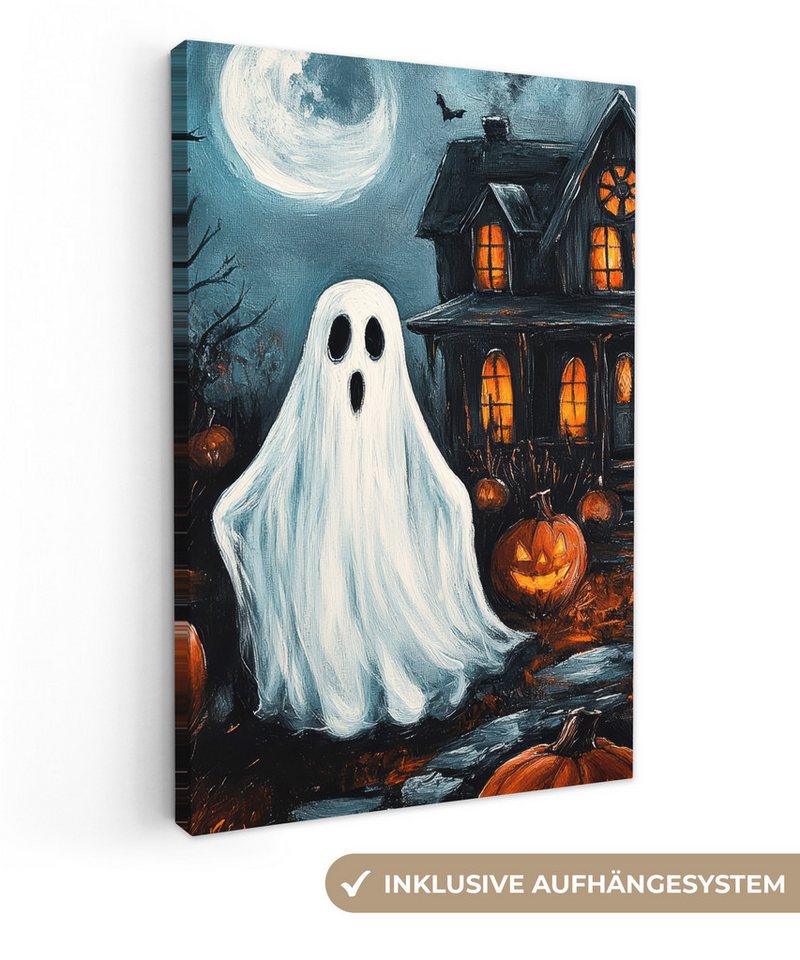 OneMillionCanvasses® Leinwandbild Halloween - Spukhaus - Kürbis - Gespenst, Fotodruck (1 St), Leinwand Canvas Wandbild, Wanddekoration 20x30 cm