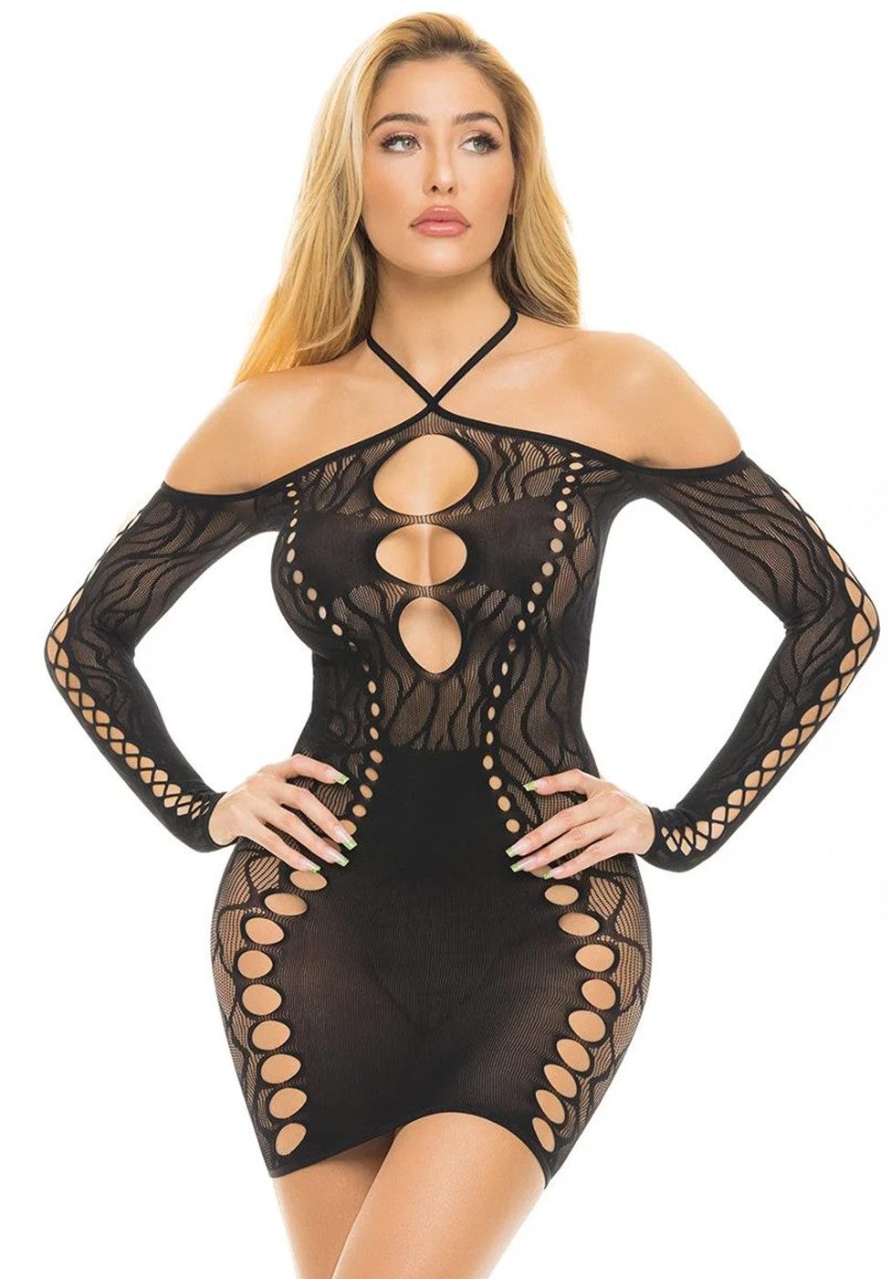 Pink Lipstick Lingerie Netzkleid Transparentes Schulterfreies Mini-Kleid mit Cut-Outs - schwarz (1-tlg) Überkreuzte Details an Armen und Rücken