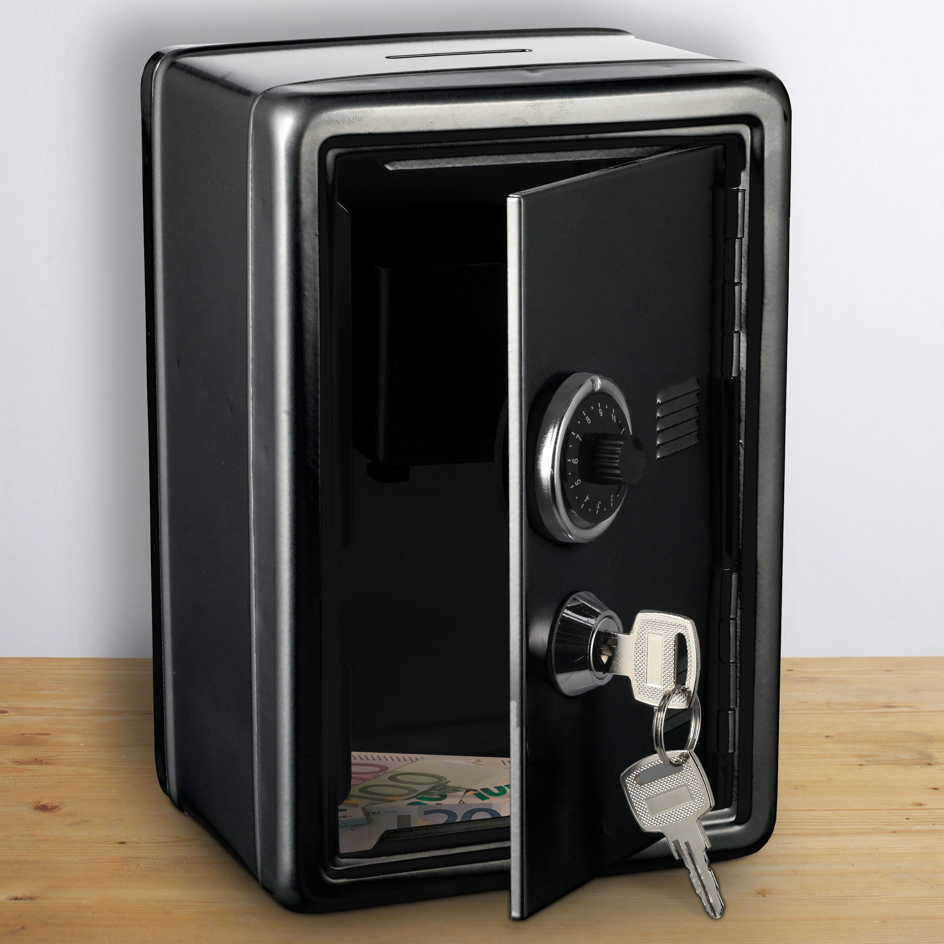 CEPEWA Spardose Spardose Tresor Metall schwarz 12x18x10cm