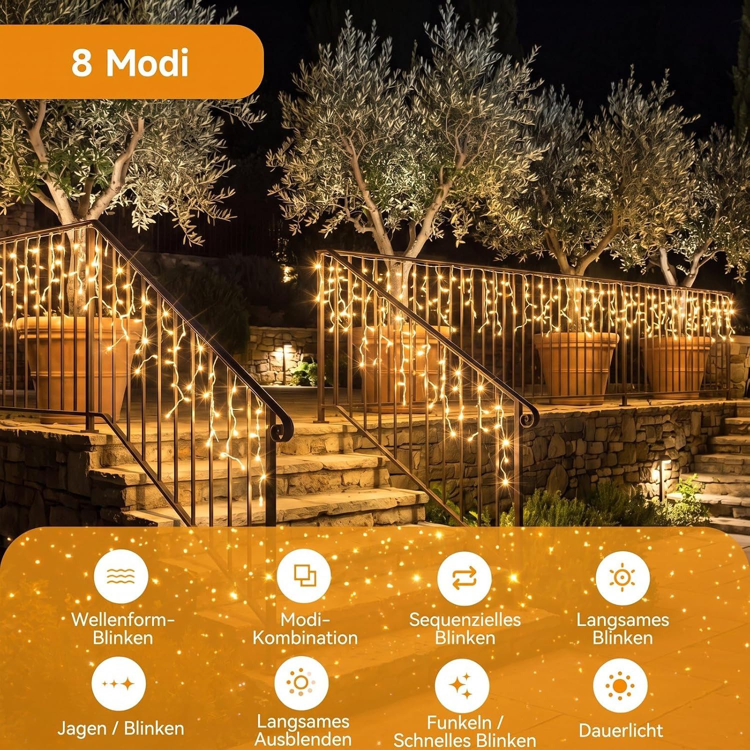 GarveeMore LED-Lichterkette Eisregen für außen, extra hohe LED-Dichte, strombetrieben, warmweiß, 440-flammig, Mit Fernbedienung & Timer, IP44, ideal für Dachrin – Bild 3 von 5