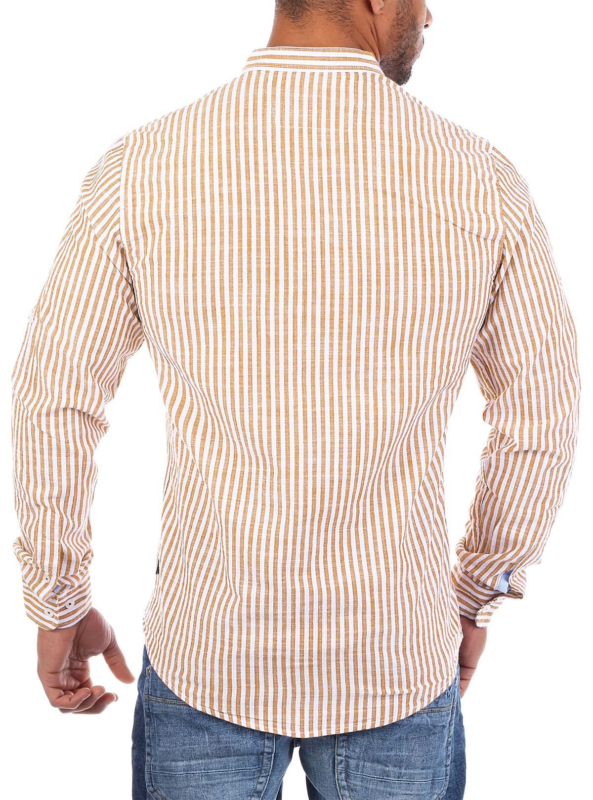 CARISMA Langarmhemd Herren Baumwoll Leinen Mix Hemd 8455 Regular Langarm Stehkragen Gestreift