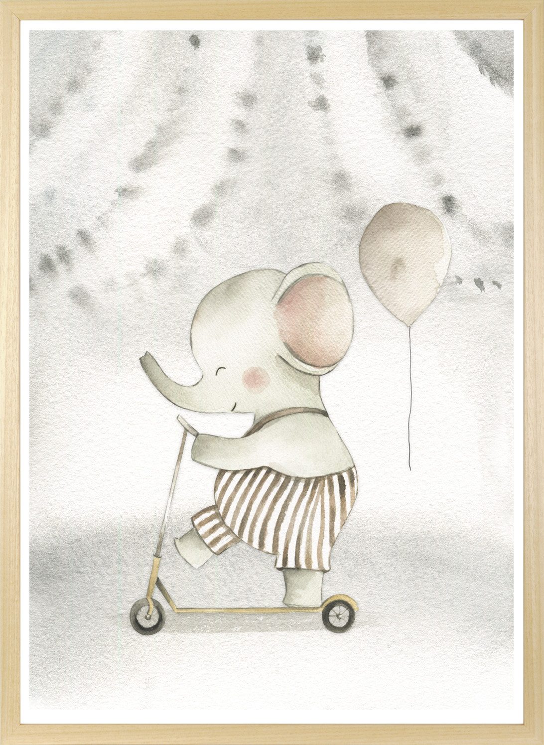 queence Bild mit Rahmen Elefant auf Roller, Elefant, Elefanten, Elefanten Bilder, Fahrzeuge, Luftballon, Tiere (1 St), HD Premium Posterdruck mit Echtholzrahmen