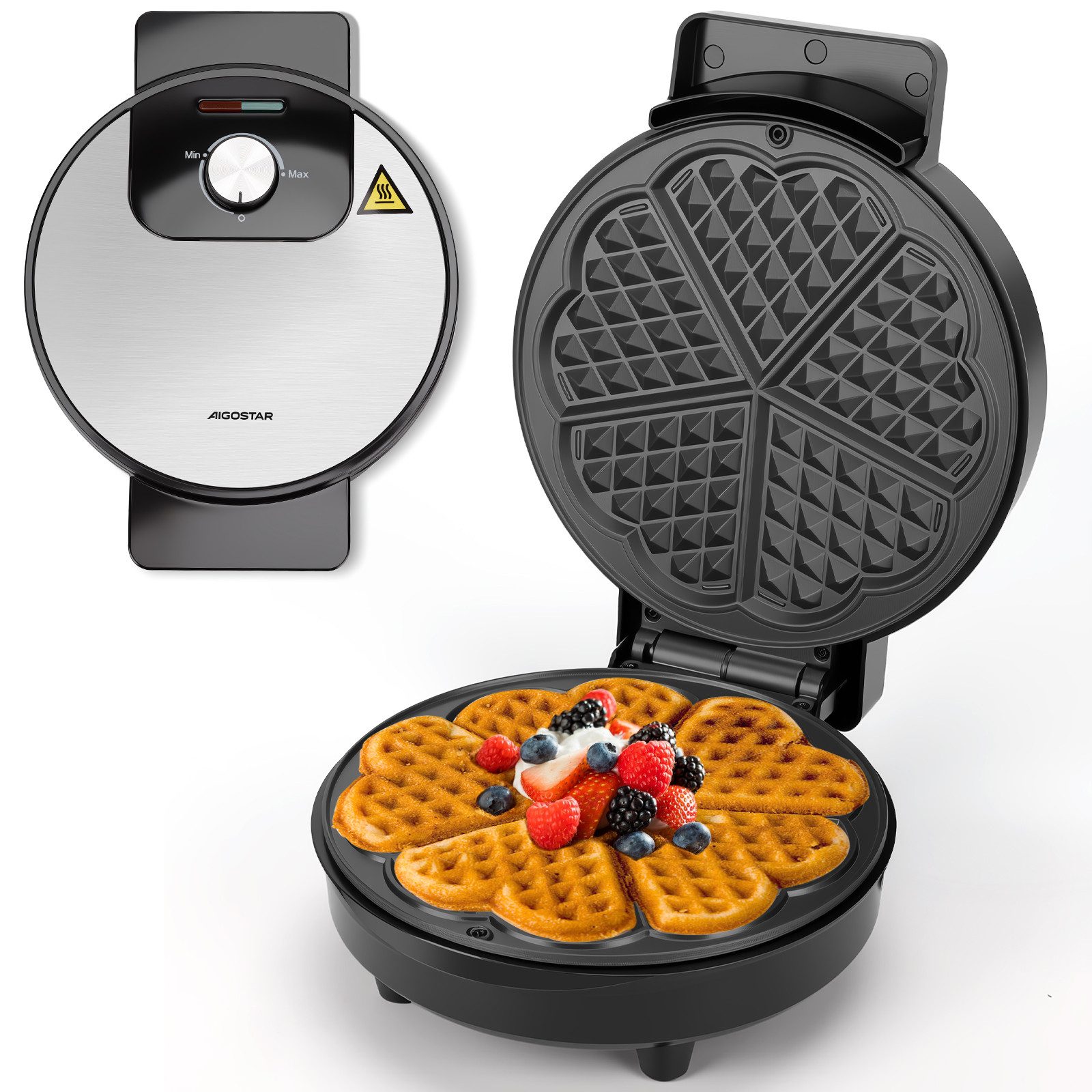 Aigostar Waffeleisen für 5 Herz-Waffeln, 1000W, Antihaft-Platten, Einstellbarer Temperatur, 1000 W, LED-Anzeige, Cool-Touch-Griff, kompaktes Edelstahl-Design, BPA frei