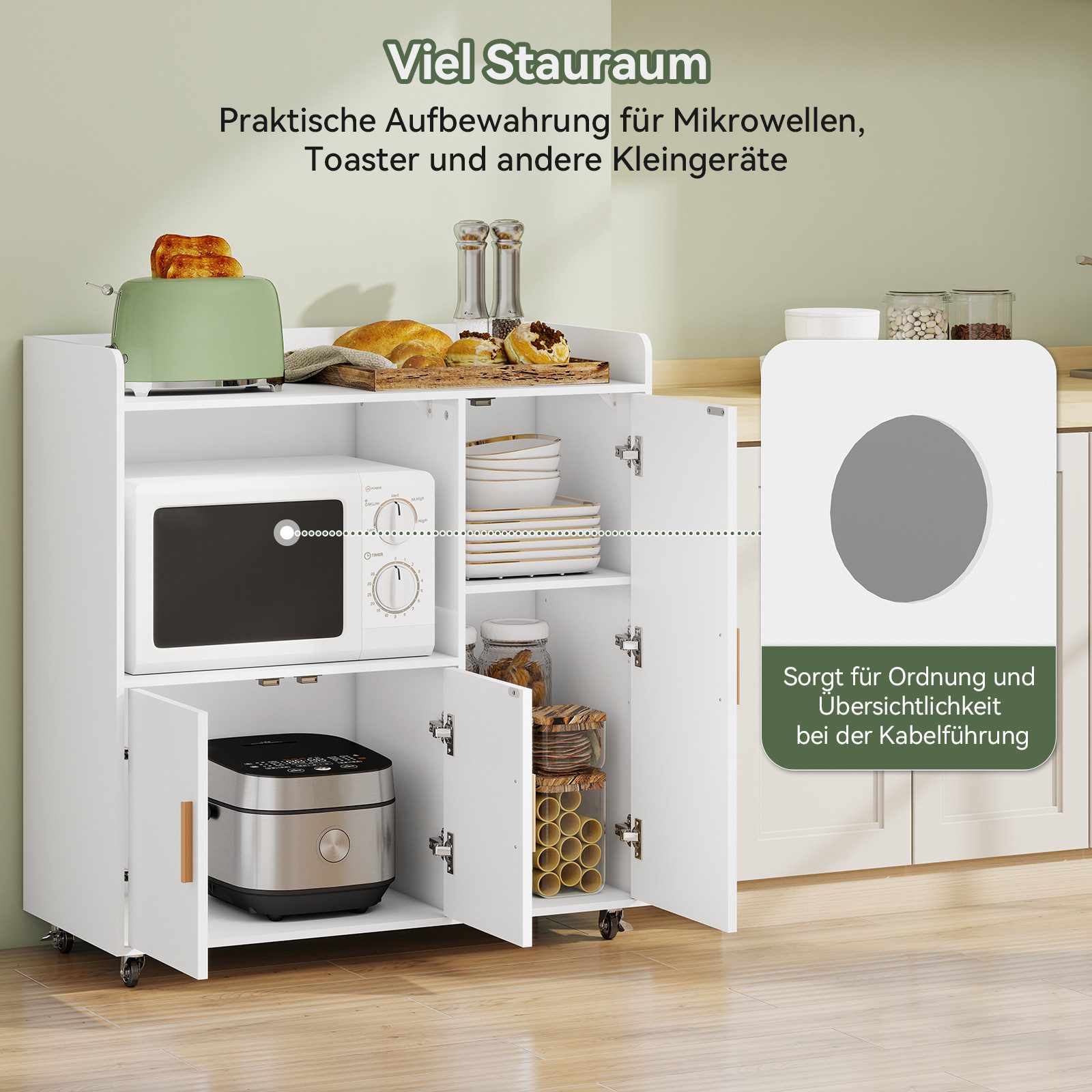 Puluomis Küchenwagen Servierwagen Buffet mit Mikrowellenablage, Rollen mit Bremsen 90x40x97, Küchentrolley Küchekommode Küchenschrank Sideboard