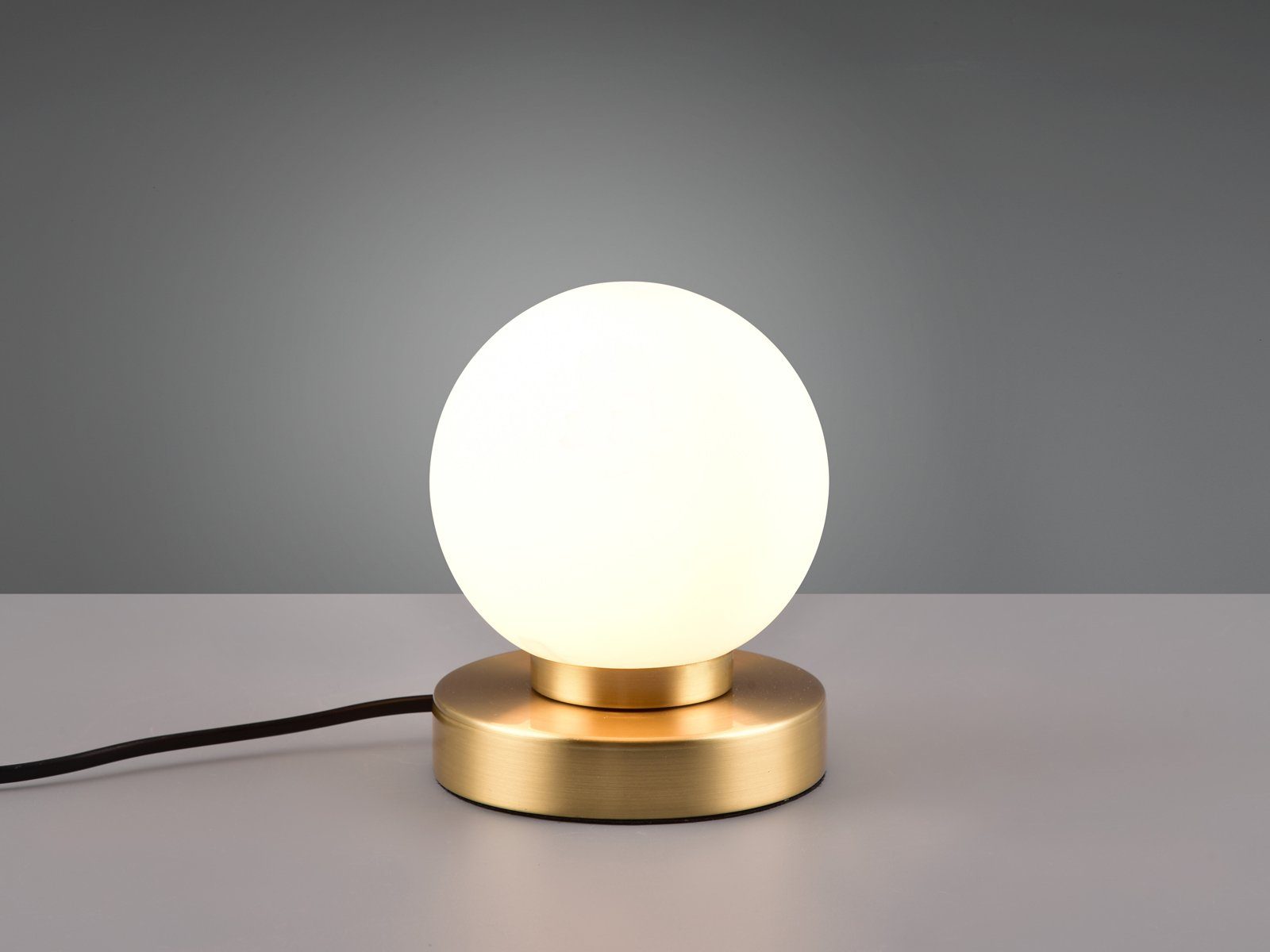 Bauhaus Messing-Weiß Ø Dimmfunktion, kleine Glas-kugel Lampe meineWunschleuchte Weiß LED Lampenschirm 12cm Nachttischlampe, Warmweiß, dimmbar touch LED wechselbar,
