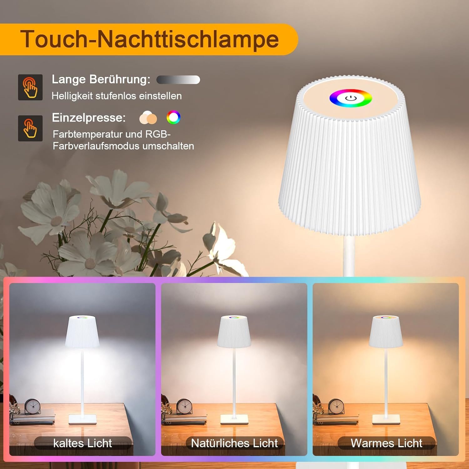 skelo LED Tischleuchte Tischlampe Kabellos Touch Dimmbar RGB 3 Farbtemperat günstig online kaufen