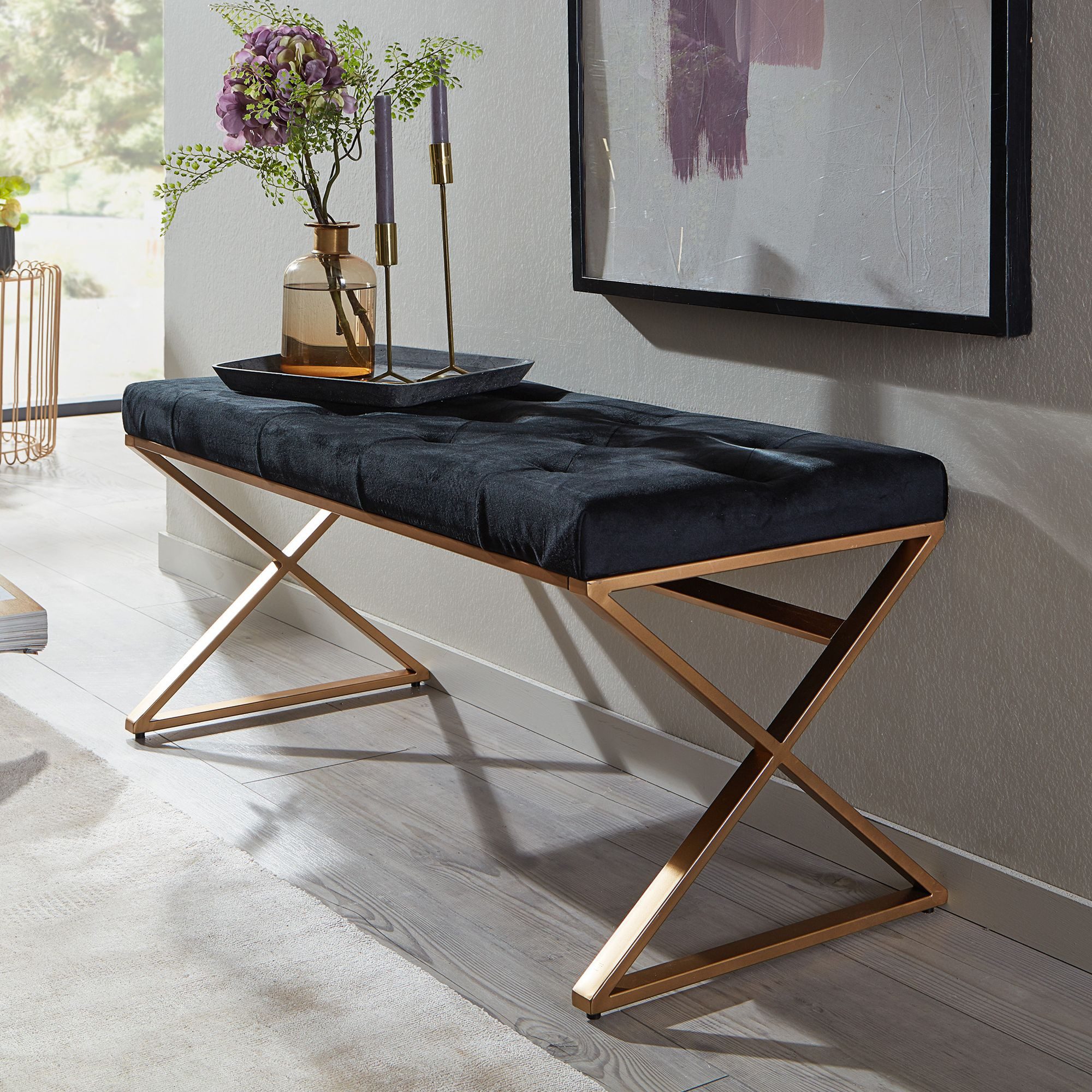 FINEBUY Polsterbank FB82216 Sitzbank Schwarz 90 cm Bettbank Chesterfield Flurbank Samt (Garderobenbank Chesterfield, Bettbank Schlafzimmer), Flur Polsterbank, Samt Schwarz / Gold 90x46x44 cm