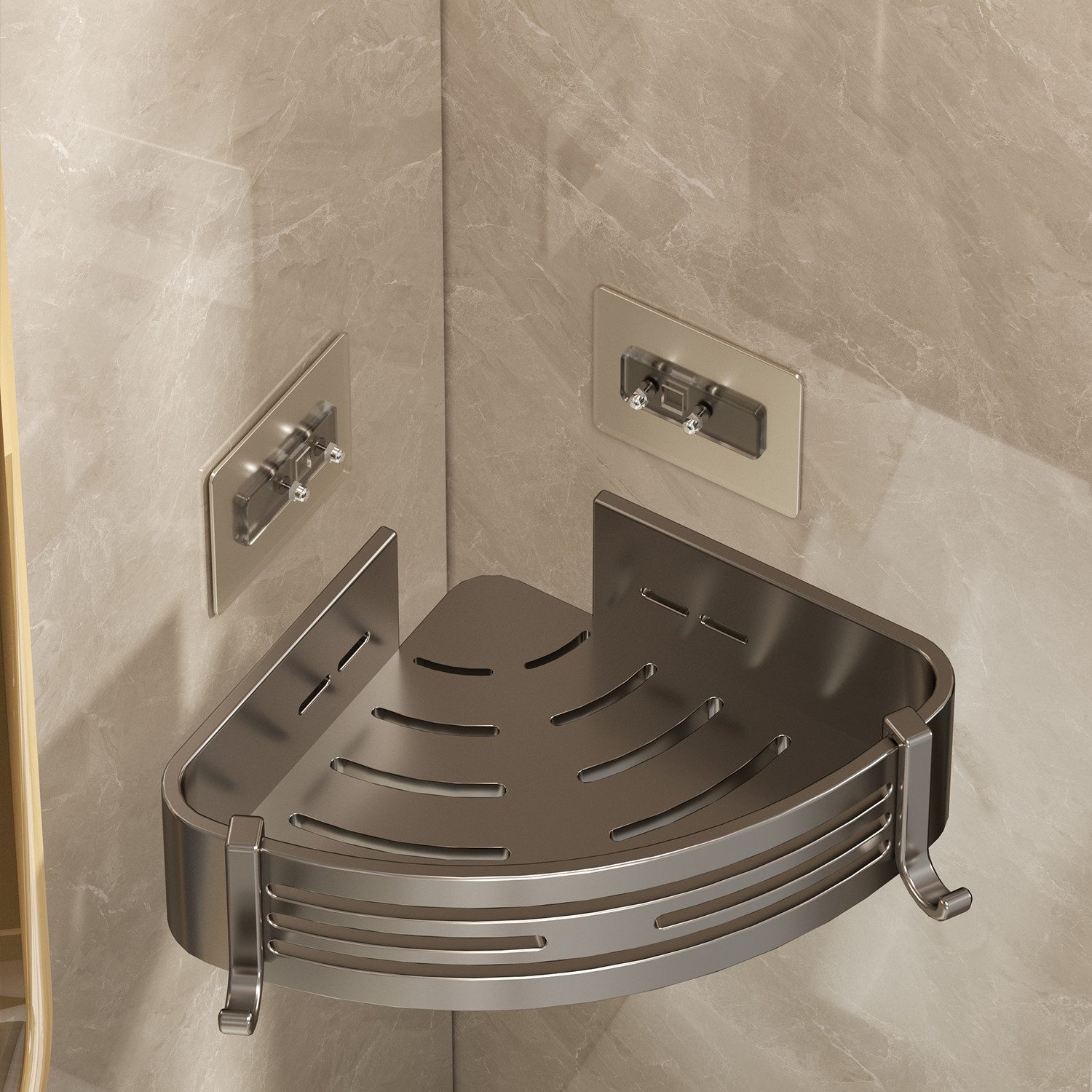Refined Living Duschregal 2-Stück Eckregal ohne Bohren aus rostfreiem Aluminium für die Dusche, Badezimmer Duschablage Selbstklebendes Oder Bohren 2-tlg., mit 4 Klebeflächen und 4 Haken,für Bäder Küchen Duschgel(Grau&Schwarz)