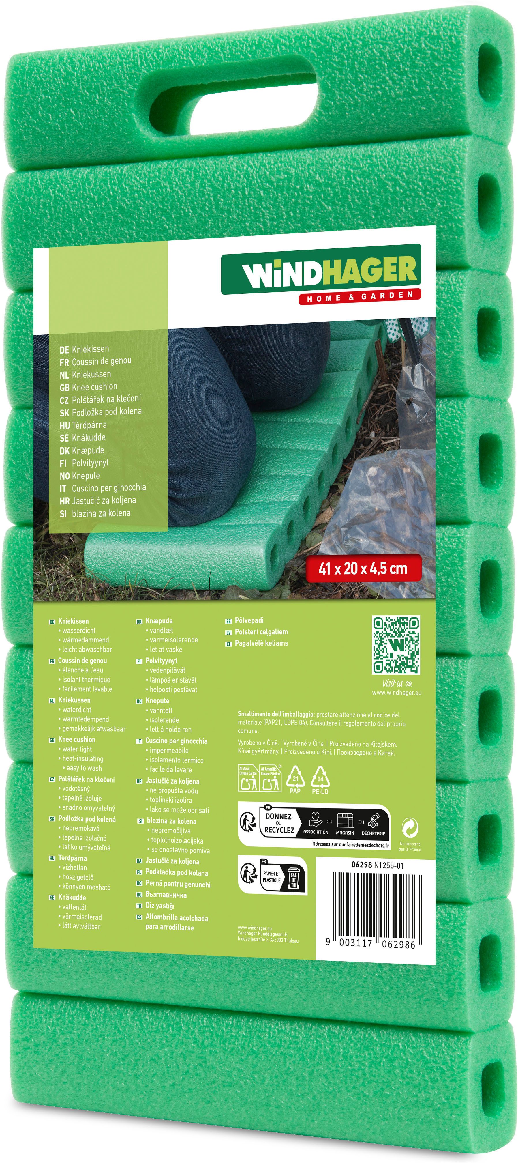 Windhager Kniekissen für Gartenarbeit im Haus auch als Sitzpolster geeignet, wasserdicht und wärmedämmend, grün, 41x20x4,5 cm