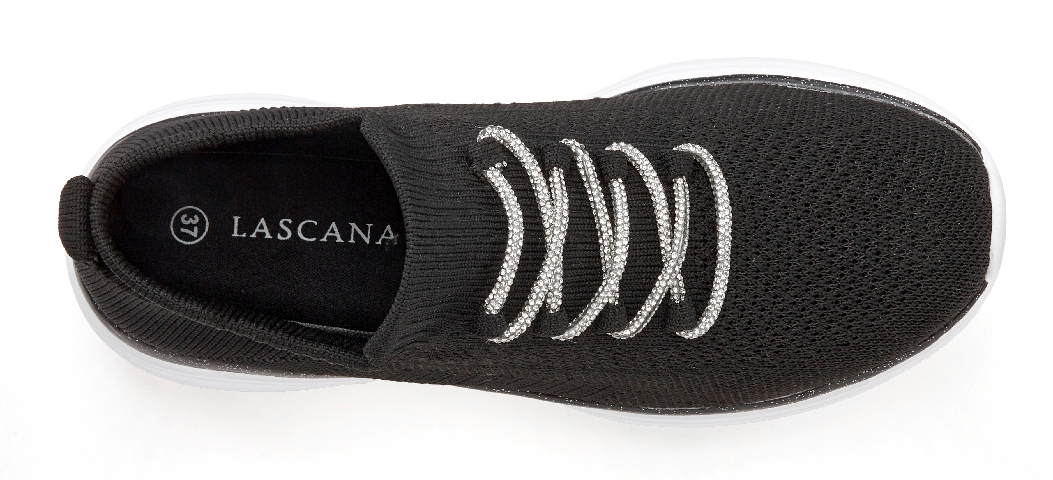 LASCANA Slip-On-Sneaker, Slipper, Freizeitschuh, Sneaker mit modischer Glitzerschnürung VEGAN