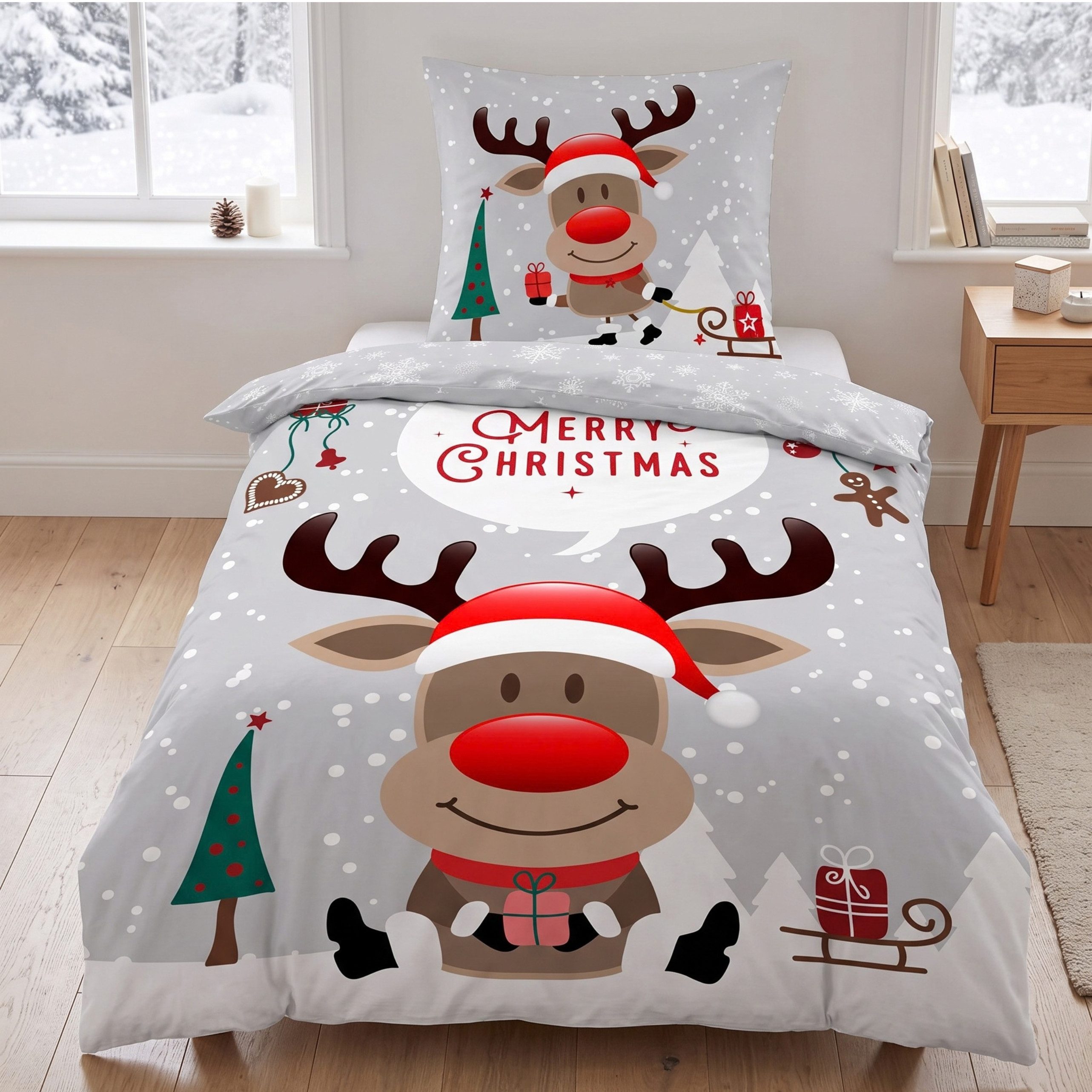 MTOnlinehandel Bettwäsche Weihnachten "Rentier mit roter Nase" Merry Christmas Winter Bettwäsche, Renforcé, 2 teilig, 135x200 + 80x80 cm 2 tlg., 100 % Baumwolle in Renforcé