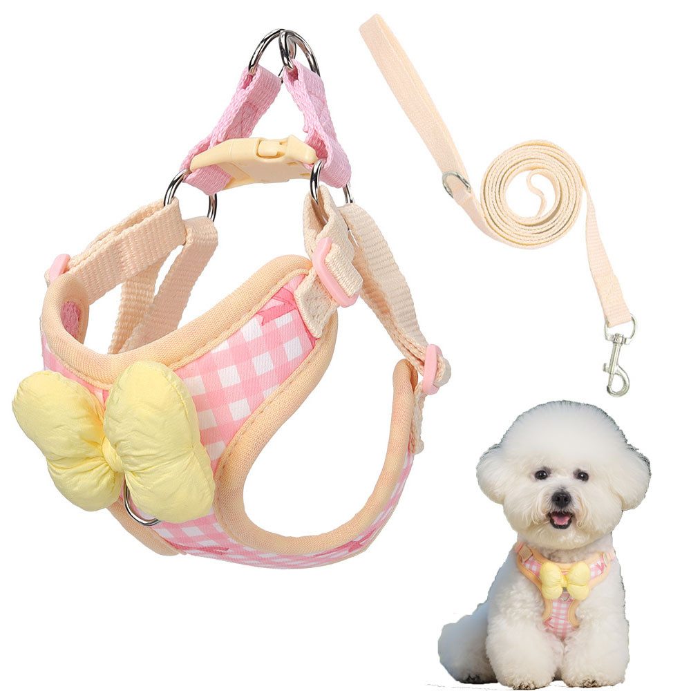 Ledander Hunde-Geschirr Karierter Hundegeschirr mit Schleifen-Design und Leine, ideal zum Laufen, Spazierengehen, Einkaufen und Training