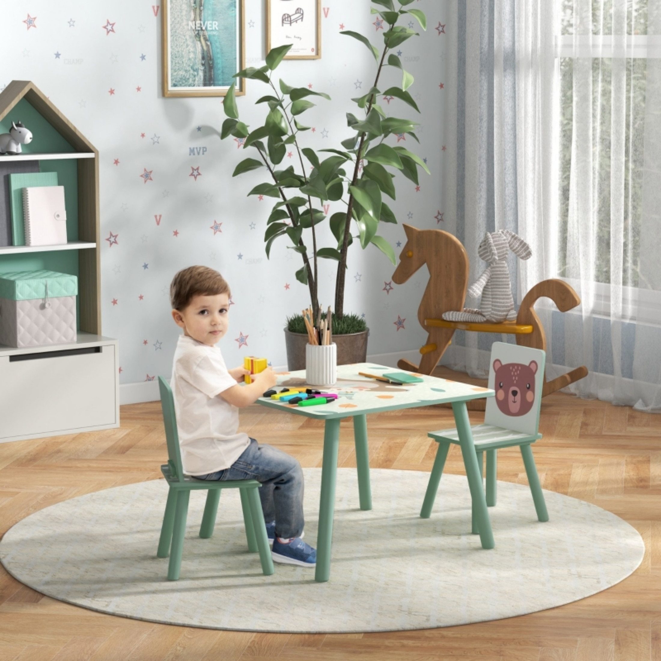 autolock Kindersitzgruppe Kindertisch mit 2 Stühlen, niedliches Tiermotiv, (1 Tisch & 2 Stühlen), Kindergarnitur für Kinder 3-8 Jahre, Grün