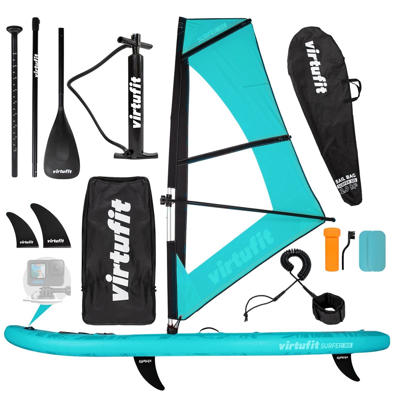 VirtuFit Inflatable SUP-Board VirtuFit Surfer 305 Stand Up Paddle Board Türkis inkl. Windsurf-Set