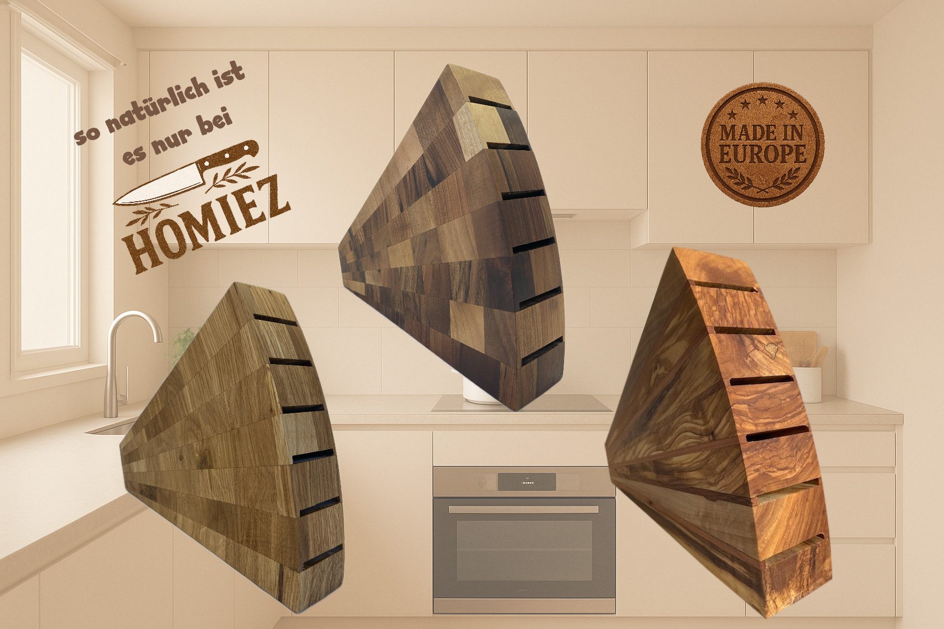 homiez Messerblock für 6 Messer in Eichen- / Walnuss- oder Olivenholz