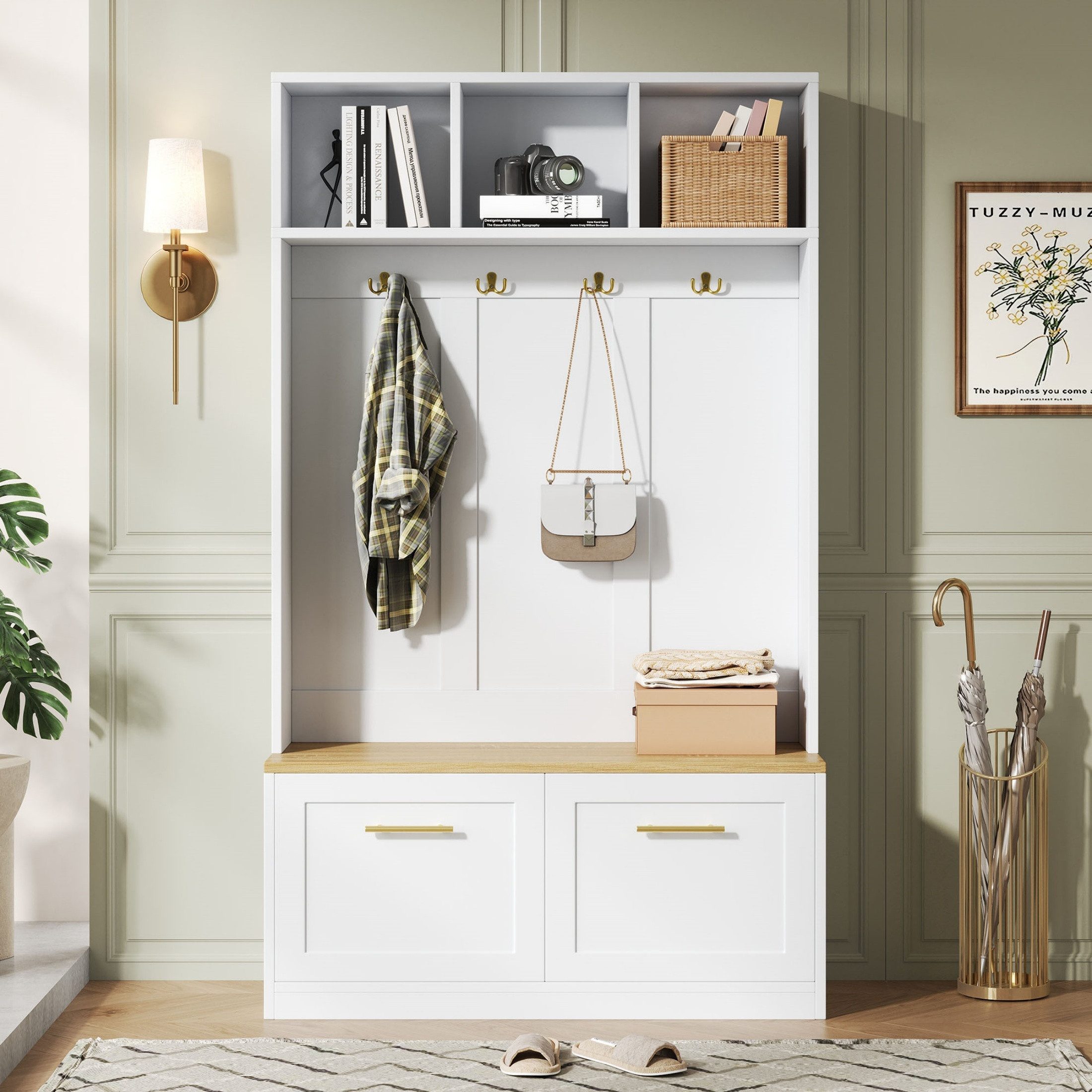 autolock Garderoben-Set Flurgarderobe Garderobe mit Sitzbank offenem Stauraum und 2 Türen, (105×40×180 cm), Kompaktgarderobe mit 4 Haken, in Natur & Weiß, für Flur