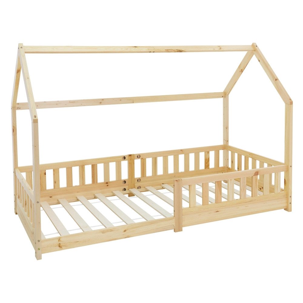 ML-DESIGN Spielbett Hausbett Kinderbett inkl. Lattenrost kreativ Bodenbett für Kinder, Abenteuerbett zum Spielen mit Rausfallschutz Kiefer Natur Himmelbett