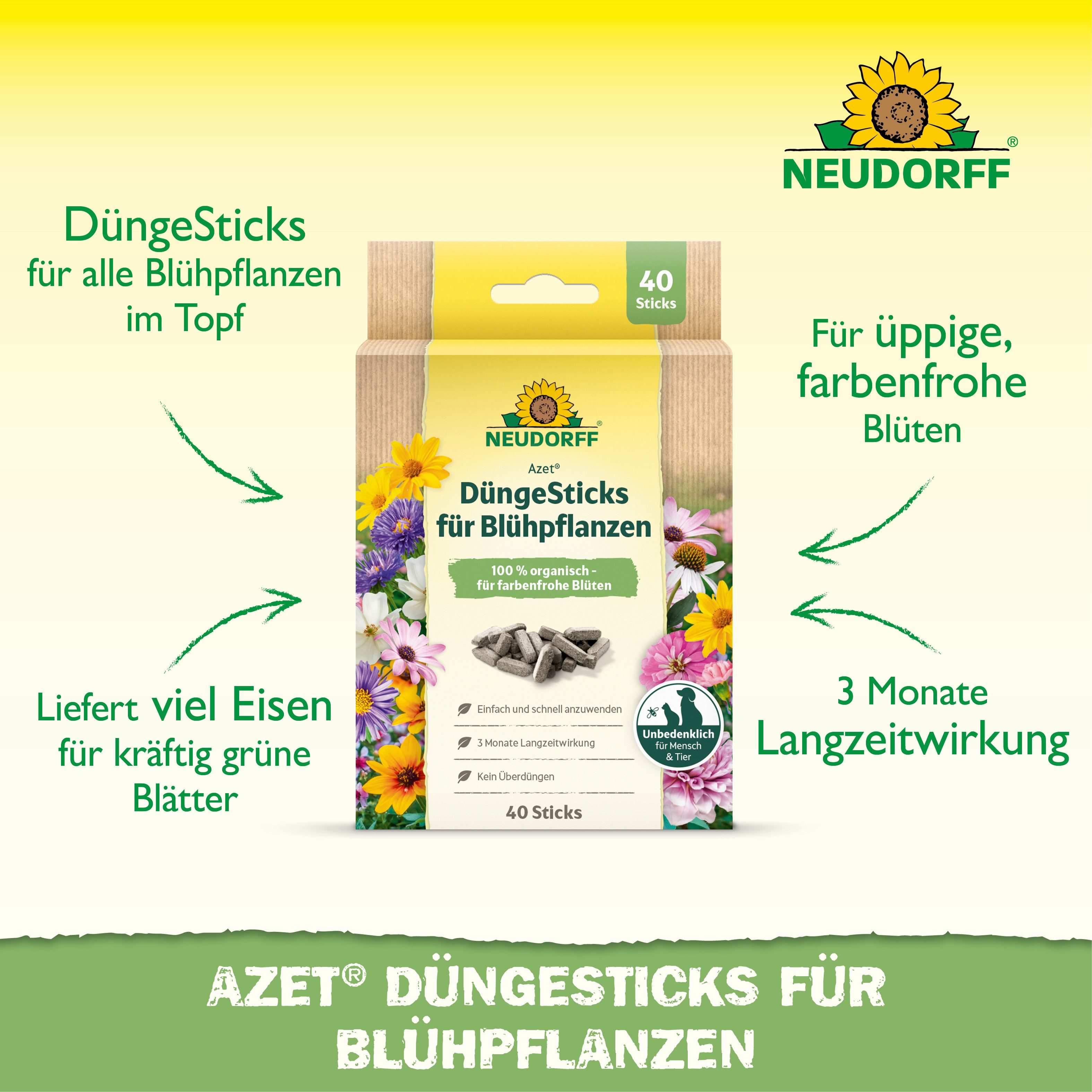 Neudorff Pflanzendünger Azet DüngeSticks für Blühpflanzen 40 Sticks, Organische Düngestäbchen speziell für Blühpflanzen, Mit Mikroorganismen & Mykorrhiza für be – Bild 2 von 5