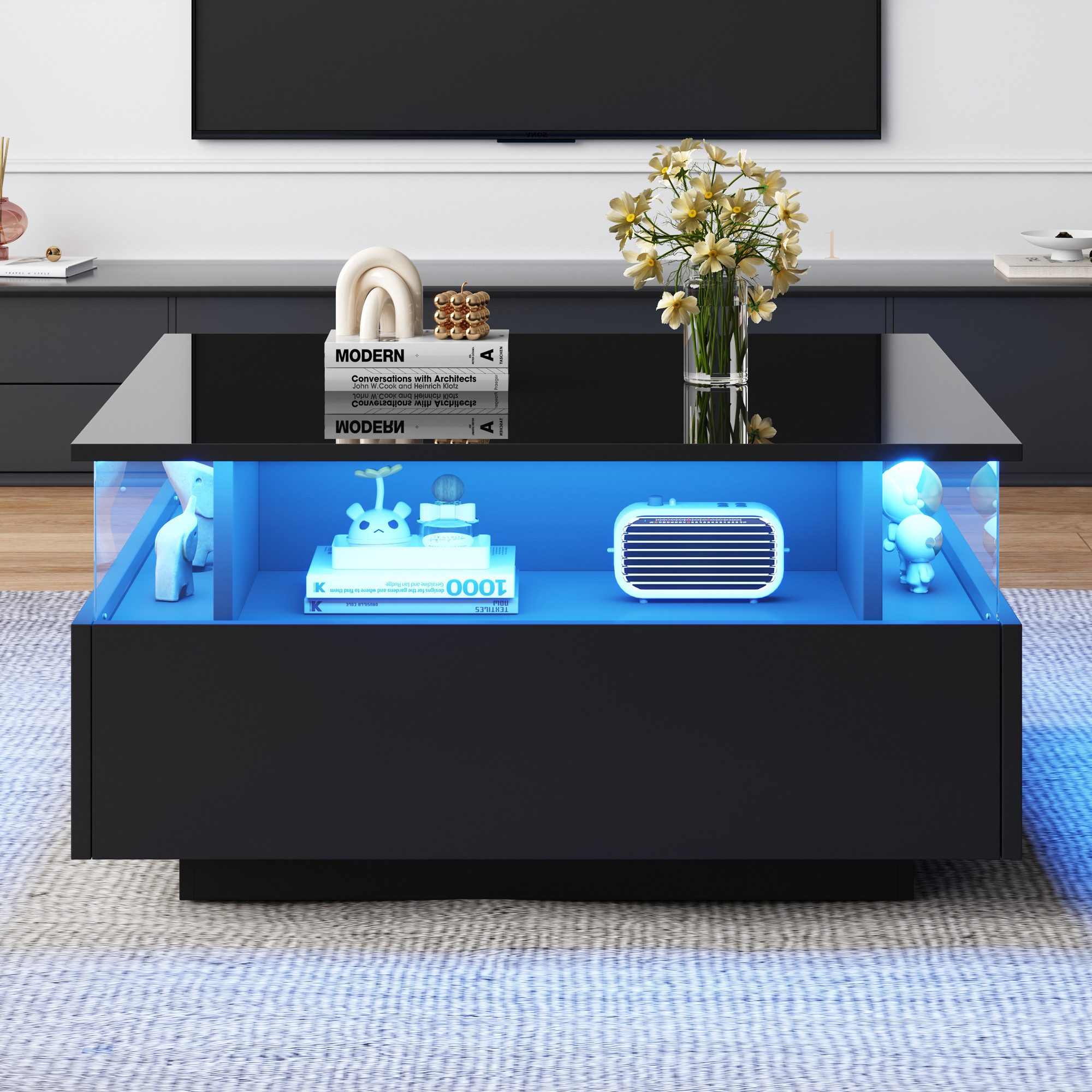 Merax Couchtisch Couchtisch hochglanz Wohnzimmertisch mit LED-Beleuchtung (Beistelltisch, Sofatisch, Kaffeetisch, L70/B70/H41 cm), Sofatisch mit 2 Schublade, gr – Bild 3 von 5