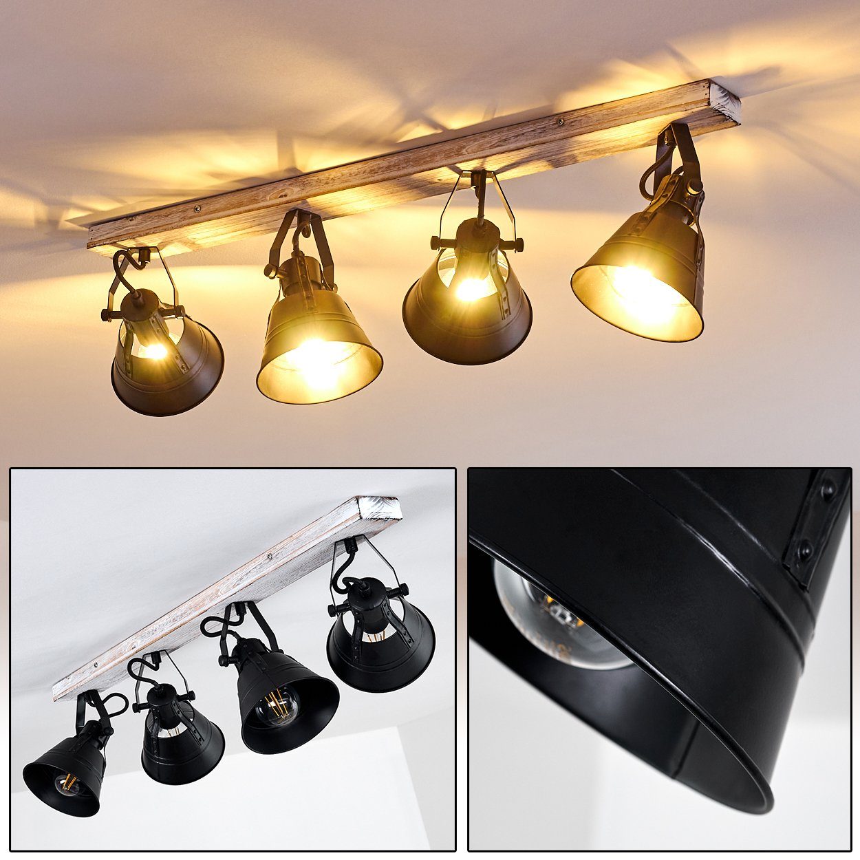 hofstein Deckenleuchte »Croce« verstellbare Deckenlampe aus Metall/Holz in Schwarz, ohne Leuchtmittel, Lampenschirme dreh-/schwenkbar, 4xE27, Spot im Retro Design