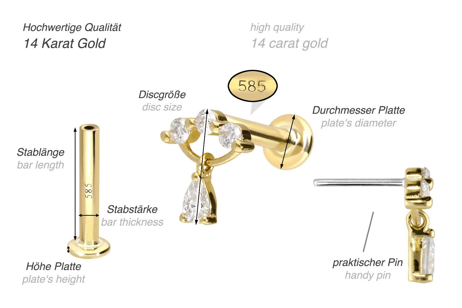 PIERCINGLINE Piercing-Set 14 Karat Gold Labret mit Push Fit MOISSANIT-BOGEN + MOISSANIT-TROPFEN (Labrets, 1-tlg)