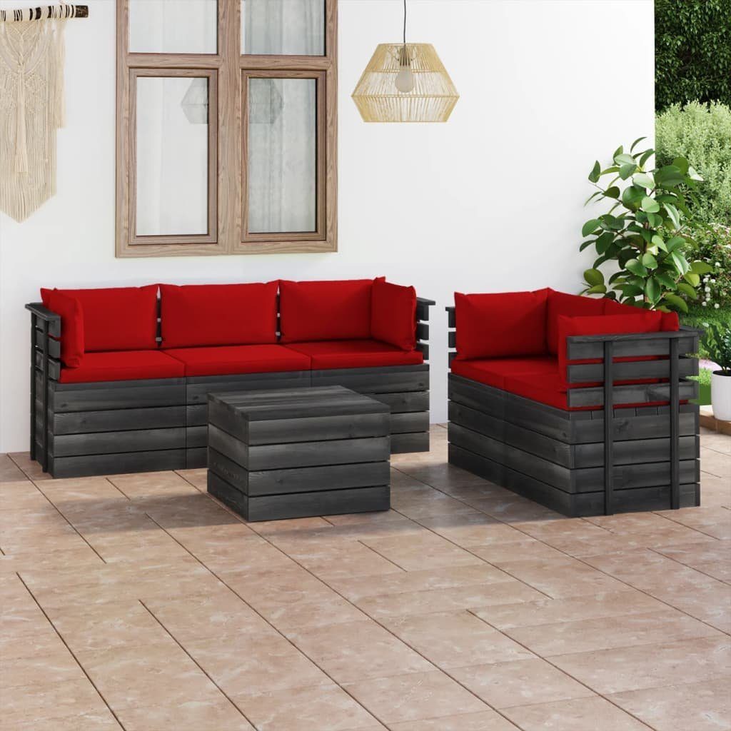 vidaXL Gartenlounge-Set 6-tlg. Rot mit Garten-Sofagarnitur Paletten Kissen (6-tlg) aus Kiefernholz