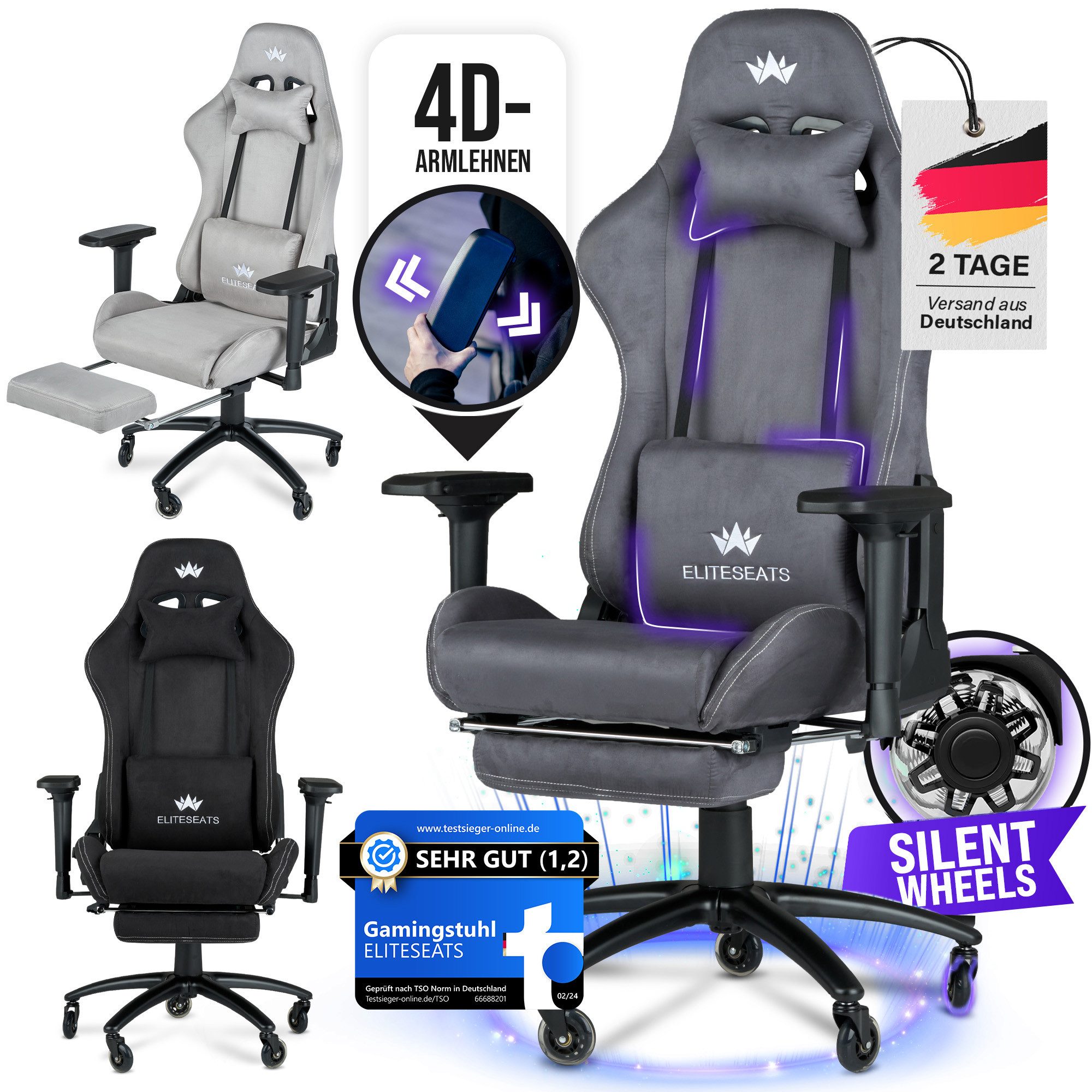 ELITESEATS Gaming-Stuhl Ergonomisch [TESTSIEGER] Kratzerfreie Rollen Atmungsaktiv (Gaming Sessel mit 4D-Armlehnen, Fußstütze), Ergonomischer Schreibtischstuhl 150 kg Belastbarkeit, Bürostuhl