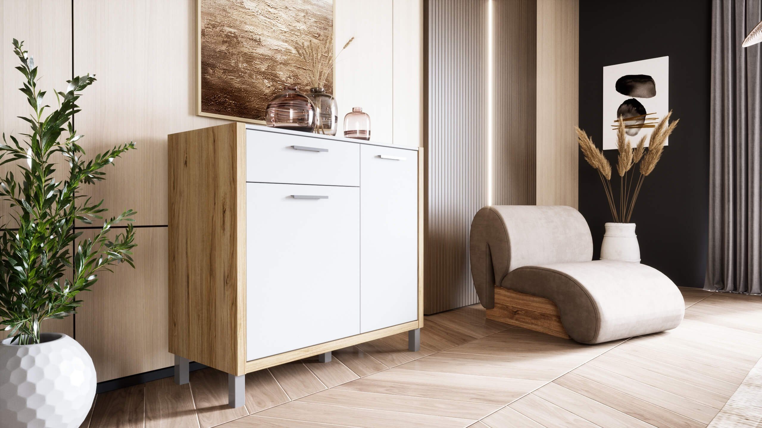 Newroom Sideboard Manhattan, Catania Eiche Kommode Weiß Modern Highboard Anrichte Wohnzimmer