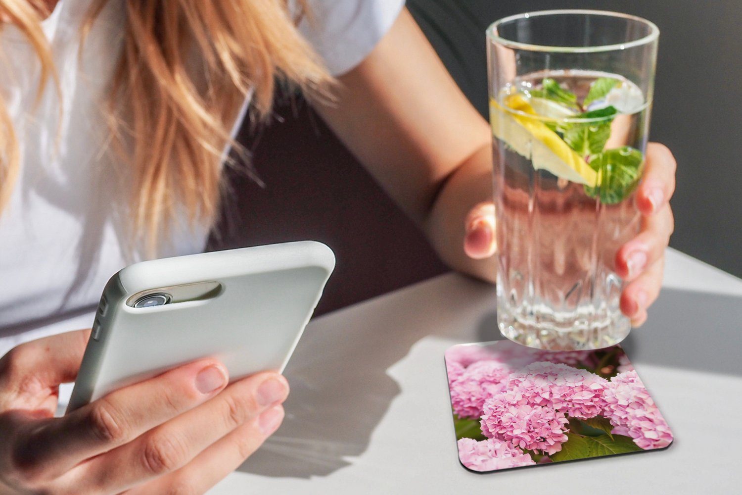 Tischuntersetzer, Tasse Glasuntersetzer, - für Busch Zubehör Gläser, Korkuntersetzer, Hortensie, Blumen - 6-tlg., Untersetzer, Rosa Glasuntersetzer MuchoWow -