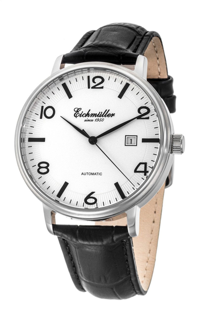 Eichmüller Automatikuhr 42 mm – Herrenuhr mit weißem Zifferblatt & schwarzem Lederarmband RE7020