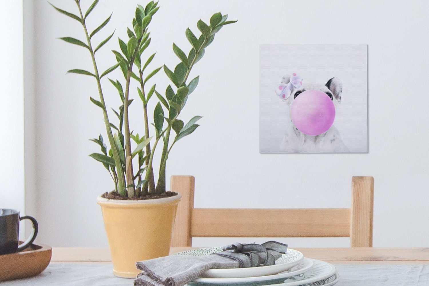 Kaugummiblase, Bilder Hund für (1 eine OneMillionCanvasses® Leinwand Schlafzimmer Leinwandbild St), pustet Wohnzimmer Ein