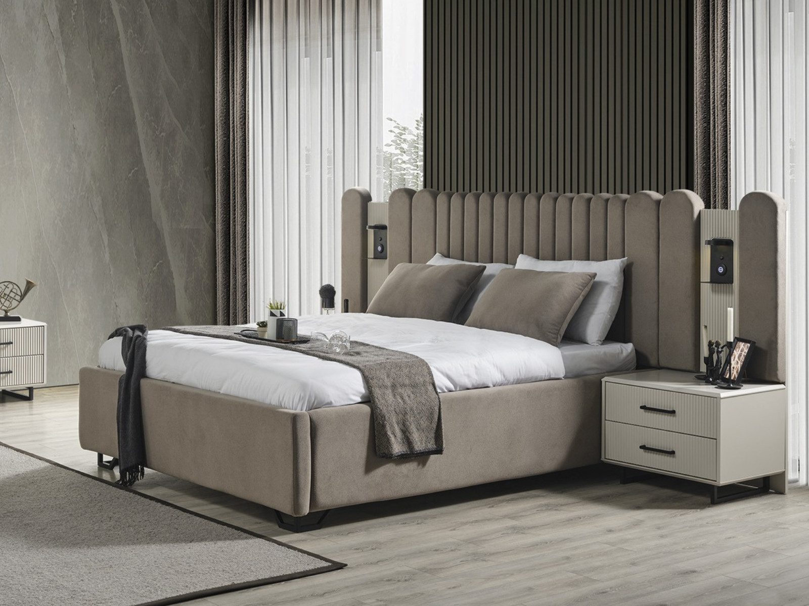 Villa Furniture Black Line Box Spring Bed, Upholstered Headboard, Calm Look, Sturdy Metal Feet